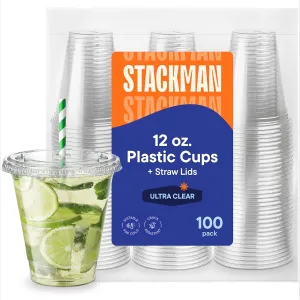 12 oz Clear Plastic Cups with Straw-Slot Lids [100 Sets] PET Crystal Clear Disposable 12oz Plastic Cups with Lids - Crystal Clear, Durable Cup. BPA Free   Crack Resistant, for Coffee, Juice, Shakes