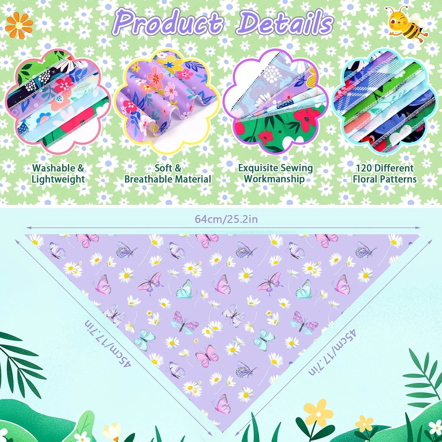 120 Pcs Spring Summer Dog Bandanas Bulk Adjustable Floral Puppy Scarves Pet Bandana Washable Flower Puppy Grooming Bandana for Mothers Day Small Medium Large Breed Dog Cat Pet Grooming Accessories