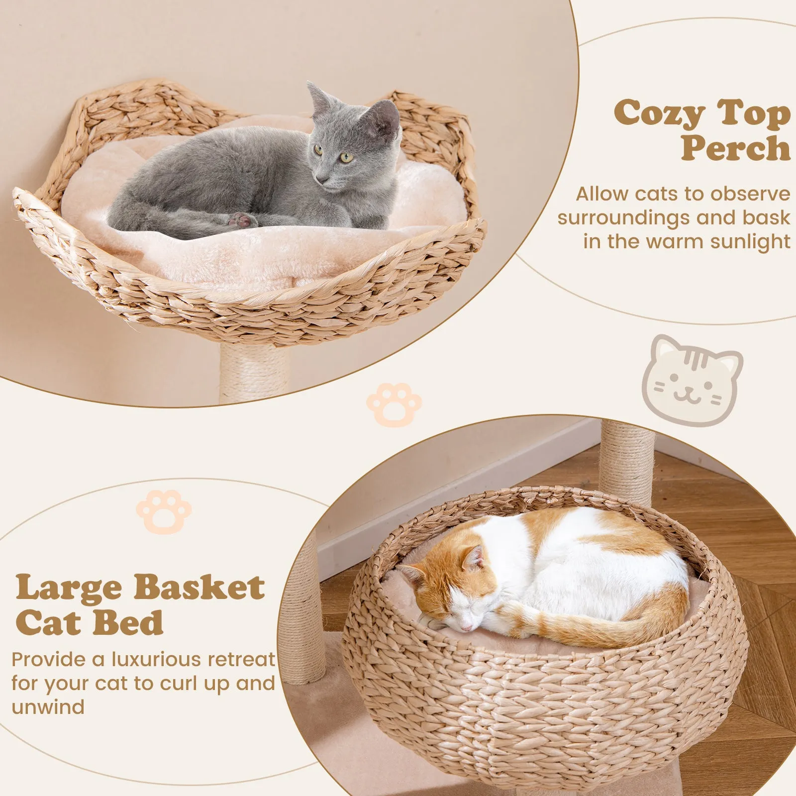 146 cm Cat Tree with Sisal Scratching Posts and Perch-Beige