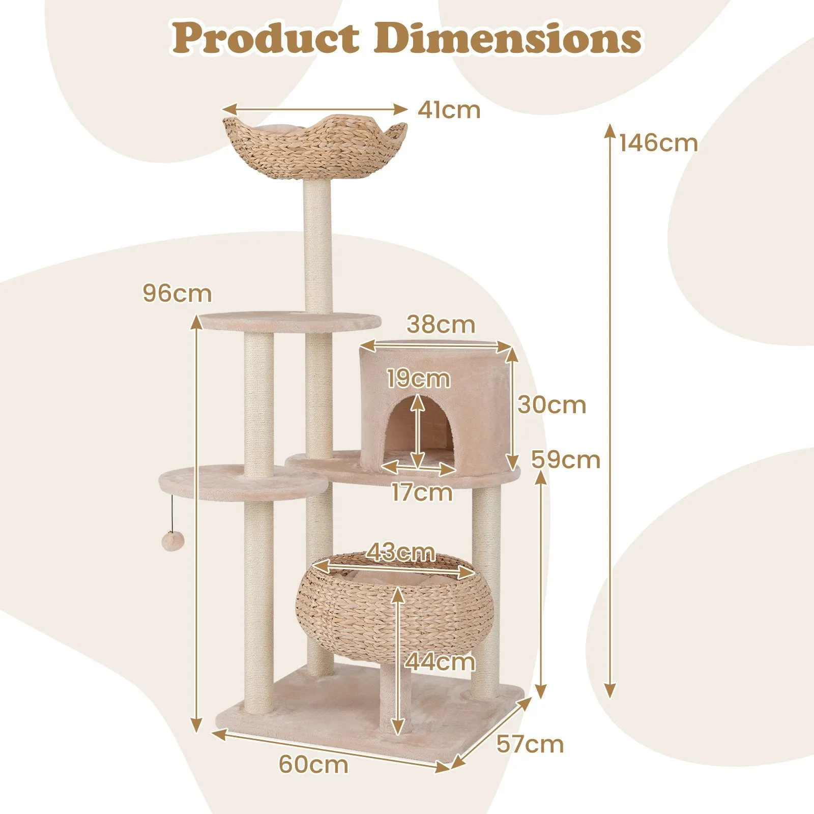 146 cm Cat Tree with Sisal Scratching Posts and Perch-Beige