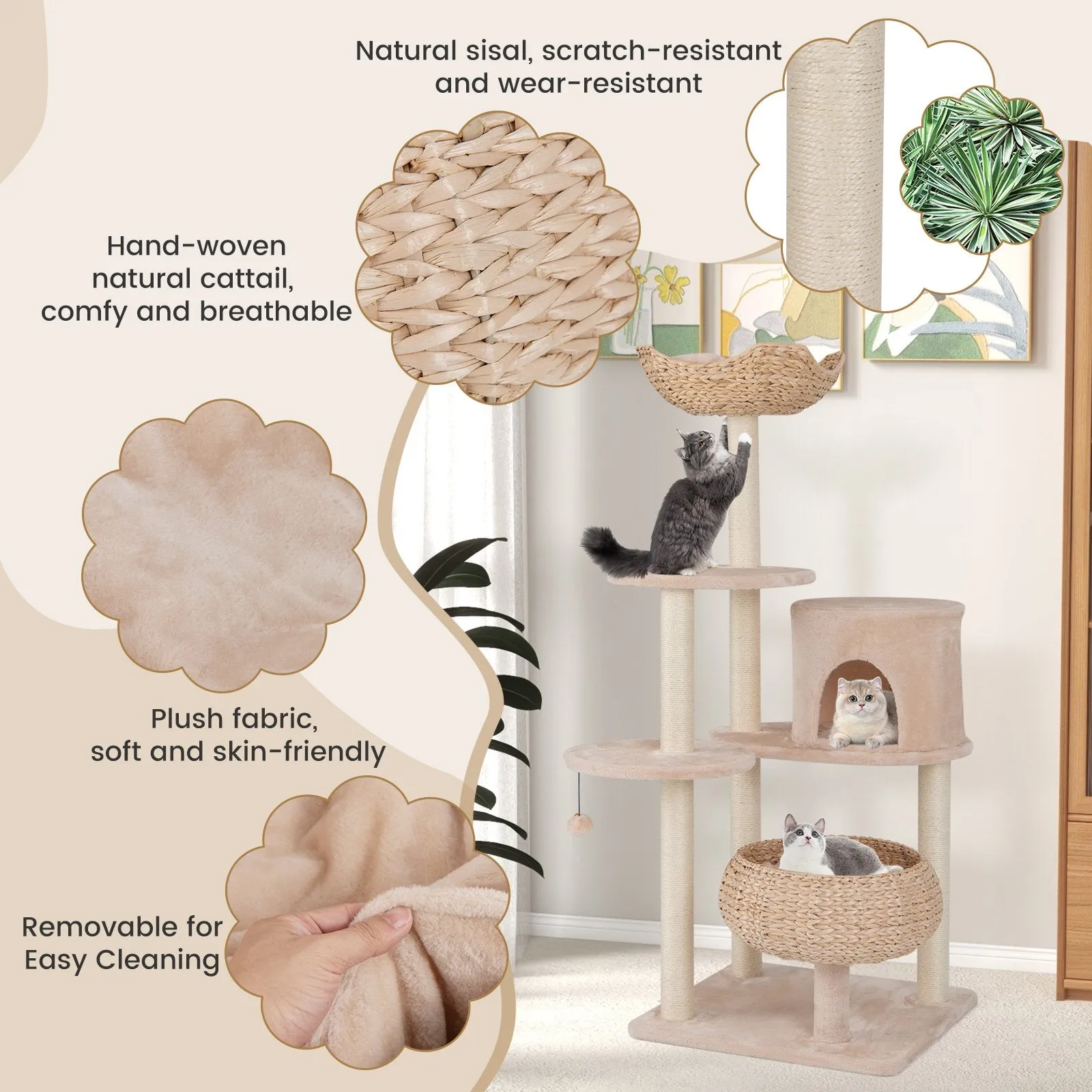 146 cm Cat Tree with Sisal Scratching Posts and Perch-Beige