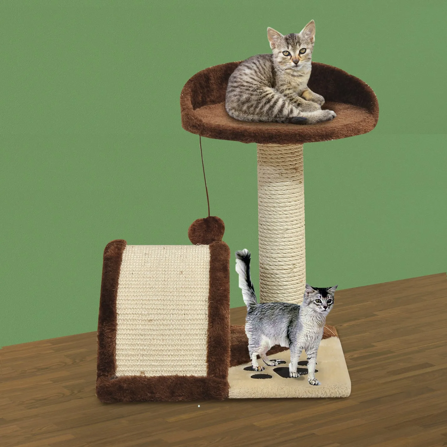 2-Tier Cat Tree Scratching Post with Dangle Toy Brown