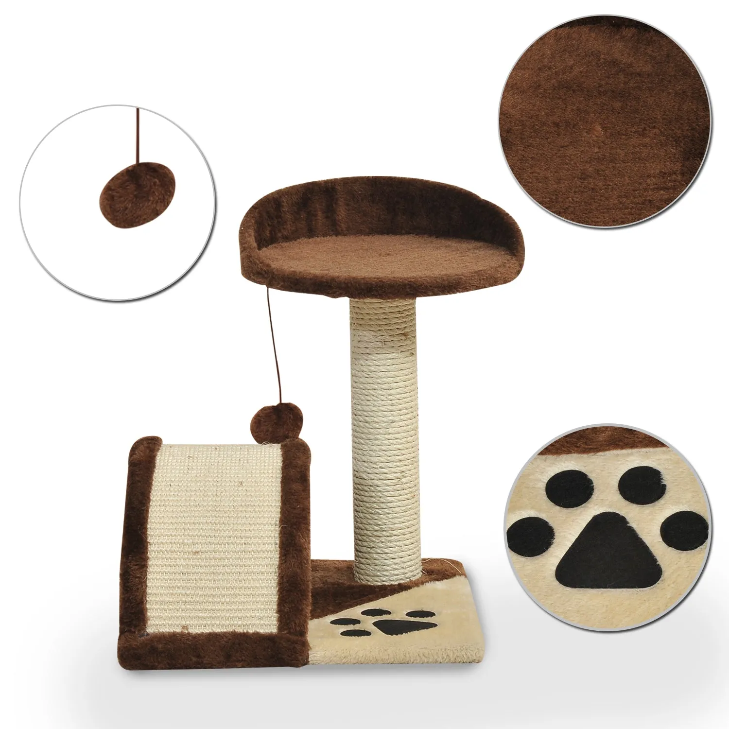 2-Tier Cat Tree Scratching Post with Dangle Toy Brown