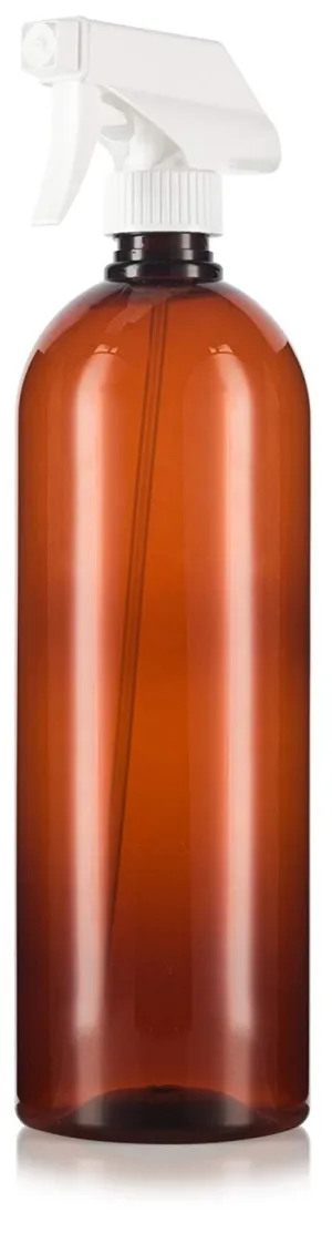 32 oz Amber Plastic Slim Cosmo Trigger Spray Bottle with White Sprayer (4 Pack)