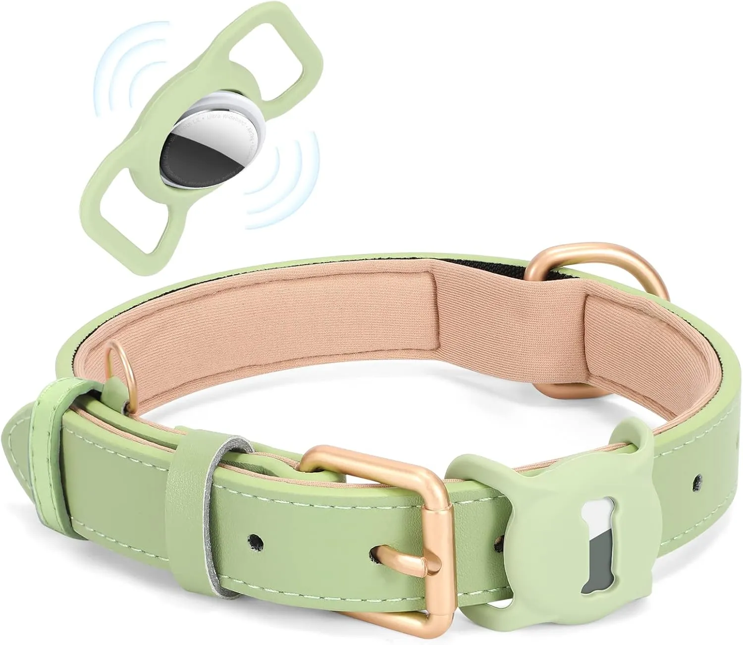 Airtag Leather Dog Collar for Small Medium Large Dog Adjustable Soft Padded Air Tag Puppy Collar Heavy Duty Metal Buckle Collar with Anti-Lost Airtag Holder Protective Case,XS,Green
