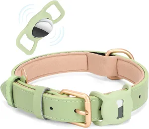 Airtag Leather Dog Collar for Small Medium Large Dog Adjustable Soft Padded Air Tag Puppy Collar Heavy Duty Metal Buckle Collar with Anti-Lost Airtag Holder Protective Case,XS,Green