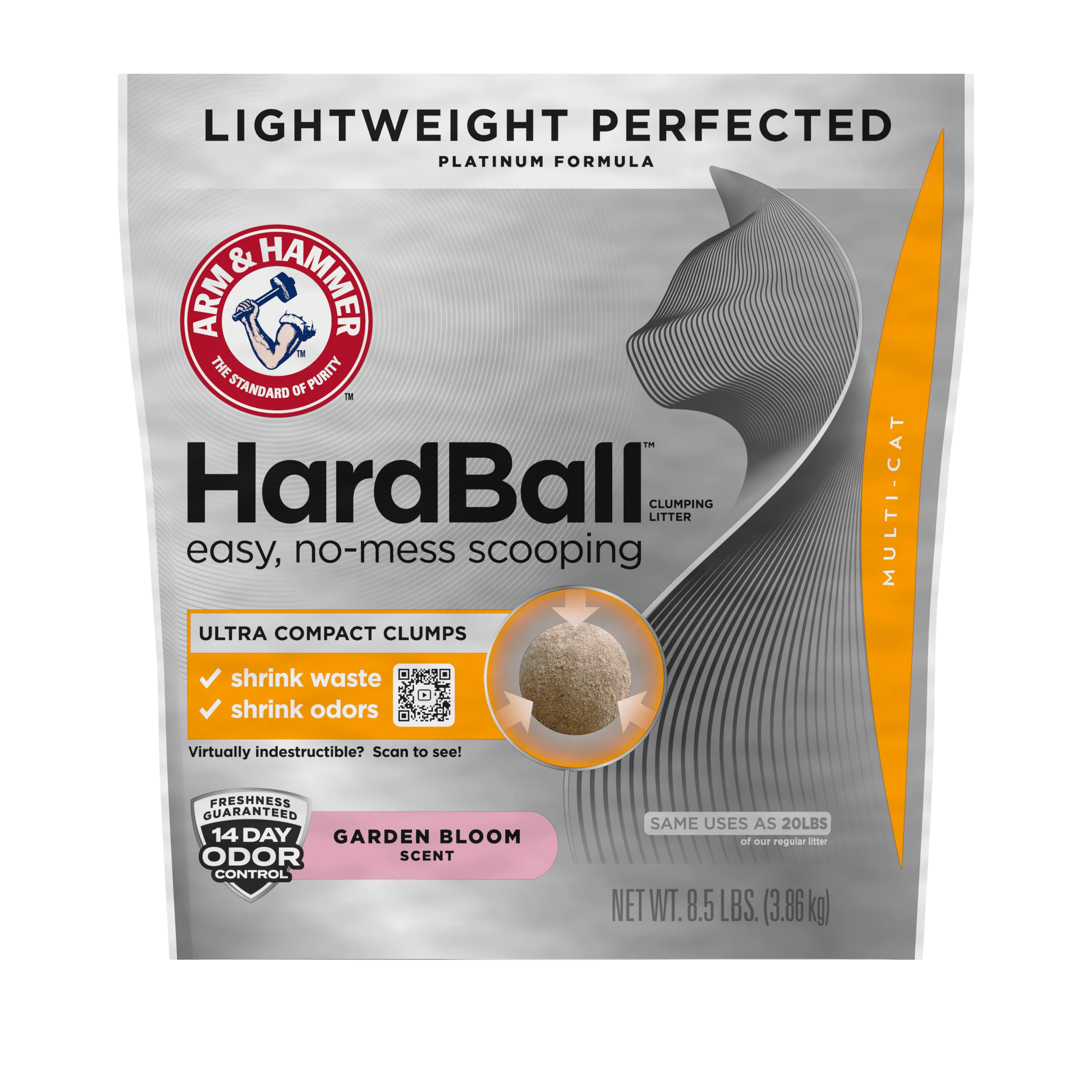 Arm  Hammer Hardball Lightweight Easy No-Mess Scooping Garden Bloom Scent Platinum Multi-Cat Clumping Litter, 8.5lb