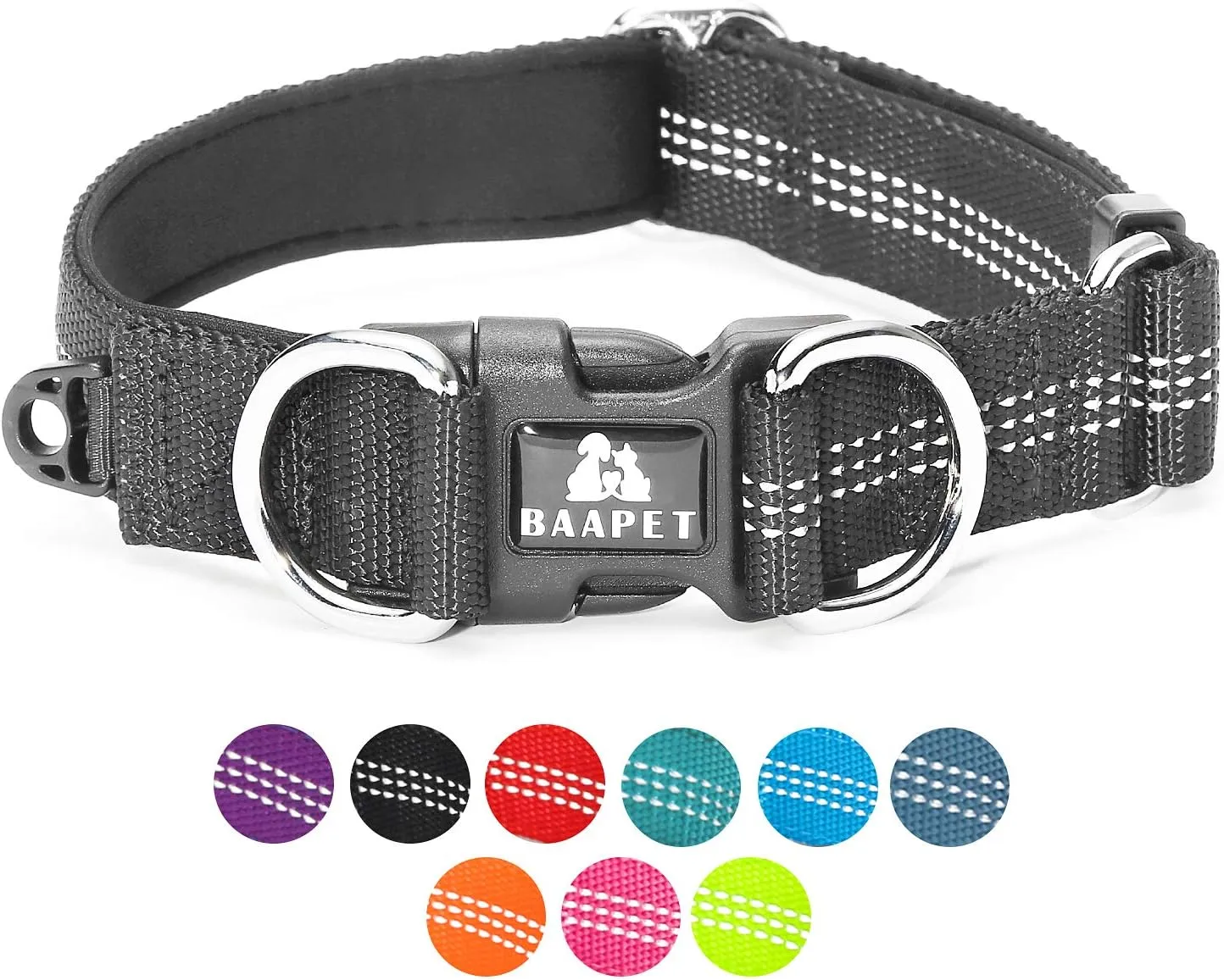 BAAPET Comfortable Dog Collar with Double Security Dual D-Ring and ID Tag Hanger for Small Puppy, Medium and Large Dogs (XS - 3/4" x (9"-13"), Black)