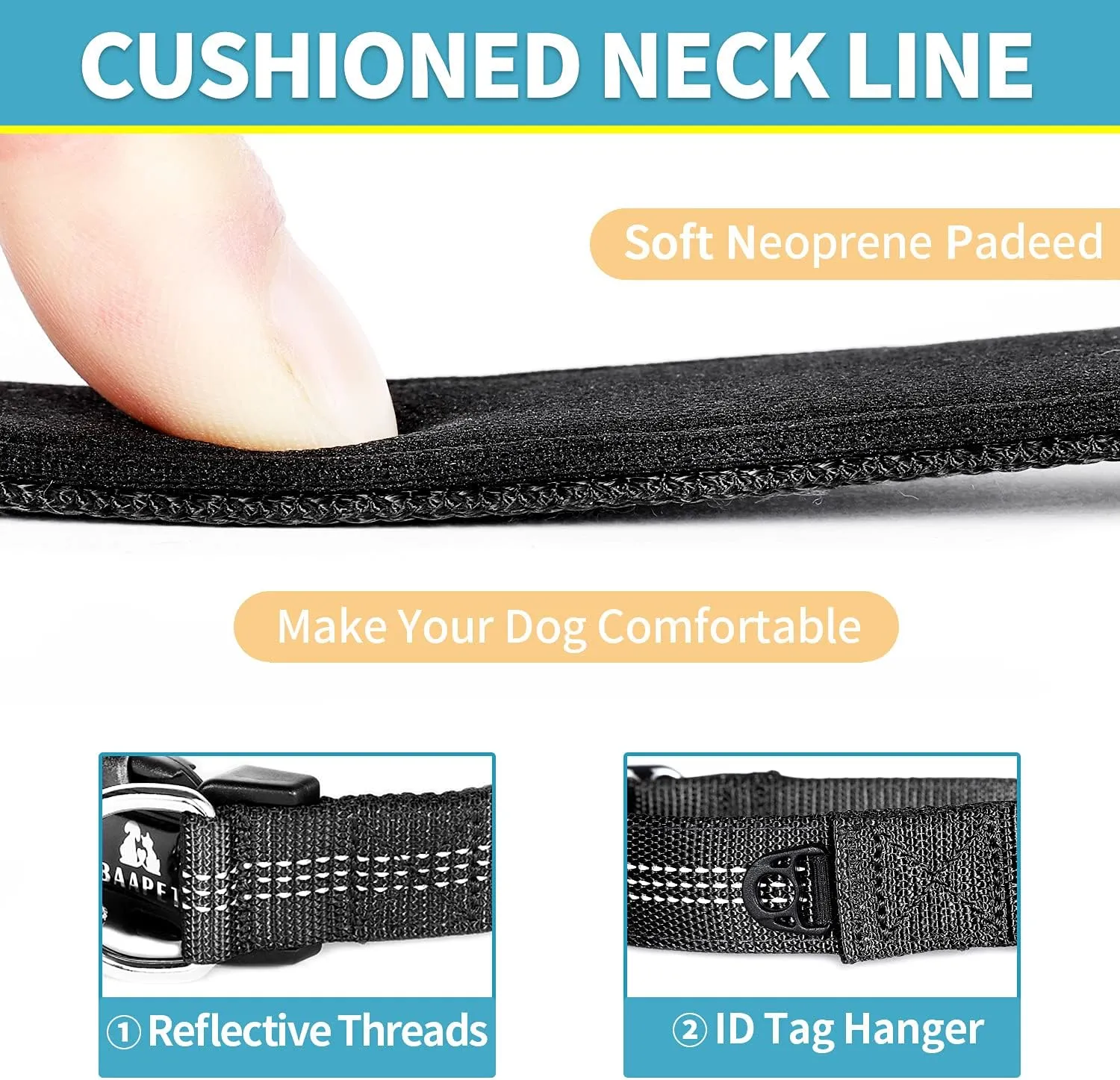 BAAPET Comfortable Dog Collar with Double Security Dual D-Ring and ID Tag Hanger for Small Puppy, Medium and Large Dogs (XS - 3/4" x (9"-13"), Black)