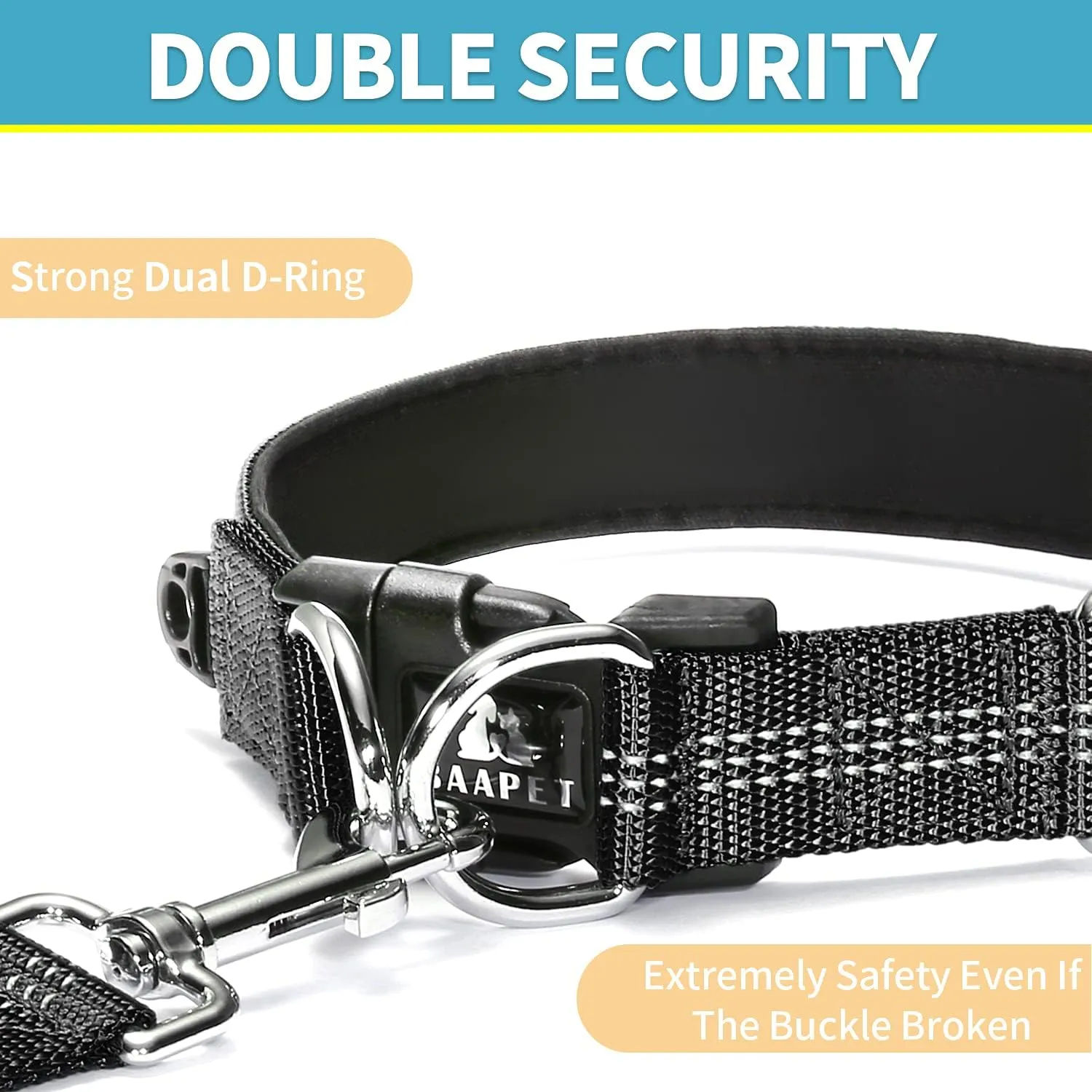BAAPET Comfortable Dog Collar with Double Security Dual D-Ring and ID Tag Hanger for Small Puppy, Medium and Large Dogs (XS - 3/4" x (9"-13"), Black)