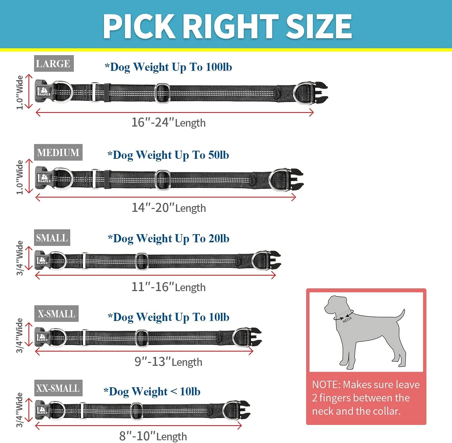 BAAPET Comfortable Dog Collar with Double Security Dual D-Ring and ID Tag Hanger for Small Puppy, Medium and Large Dogs (XS - 3/4" x (9"-13"), Black)