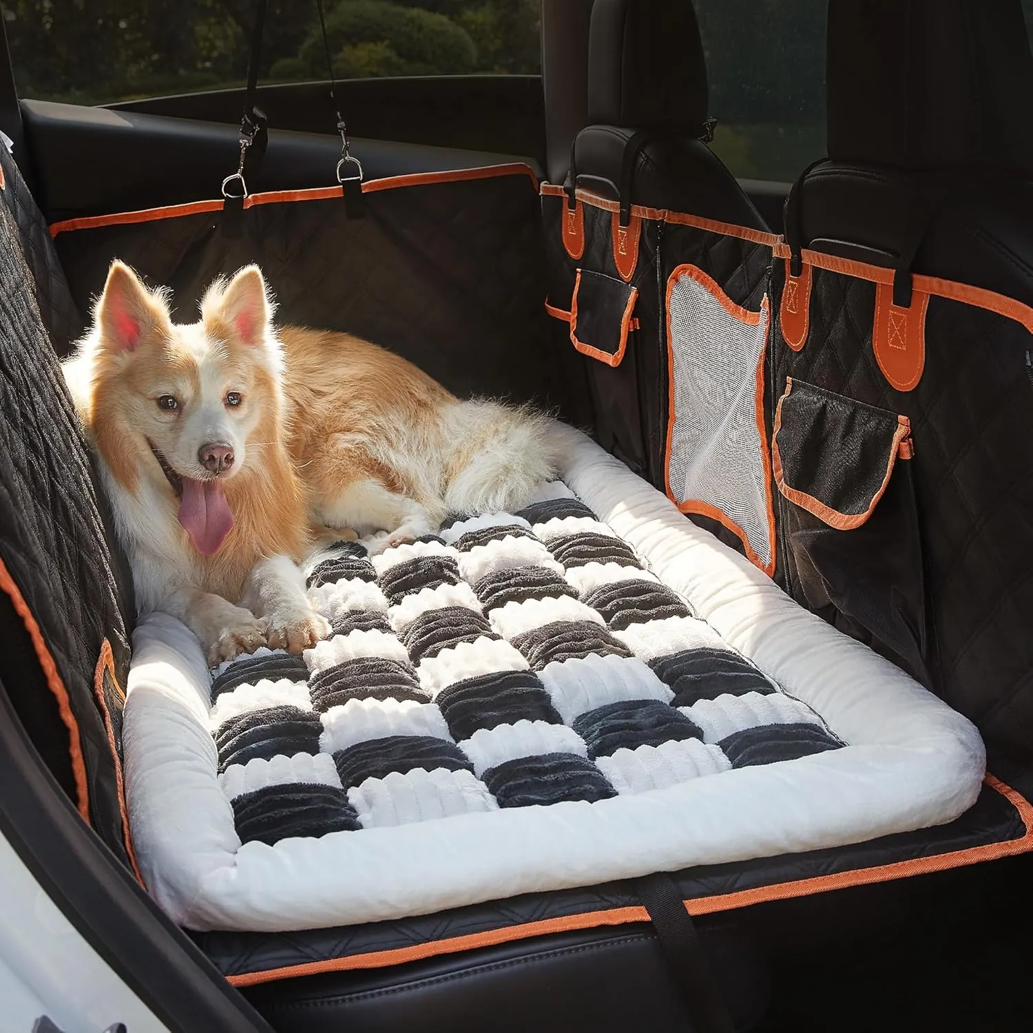 Backseat Pet Bed Mat,Dog Bed for Car,Fuzzy Dog Seat Cover for Car Back Seat, Non-Slip Travel Pet Mat, Fit for Backseat Extenders and Seat Covers (White and Black)