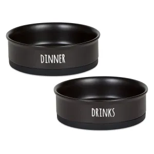 Black Dinner, Drinks & Dessert Pet Bowl Set/2, Large 3.75 C. Capacity