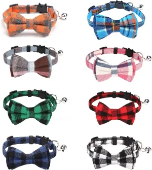 BRT Bearingshui Cat Collars Breakaway with Bow Bell, 8 Pack Kitten Collar Plaid Cat Collar, Adjustable Cute Plaid Safety Kitty Collars for Birthday Pet Party Supplies