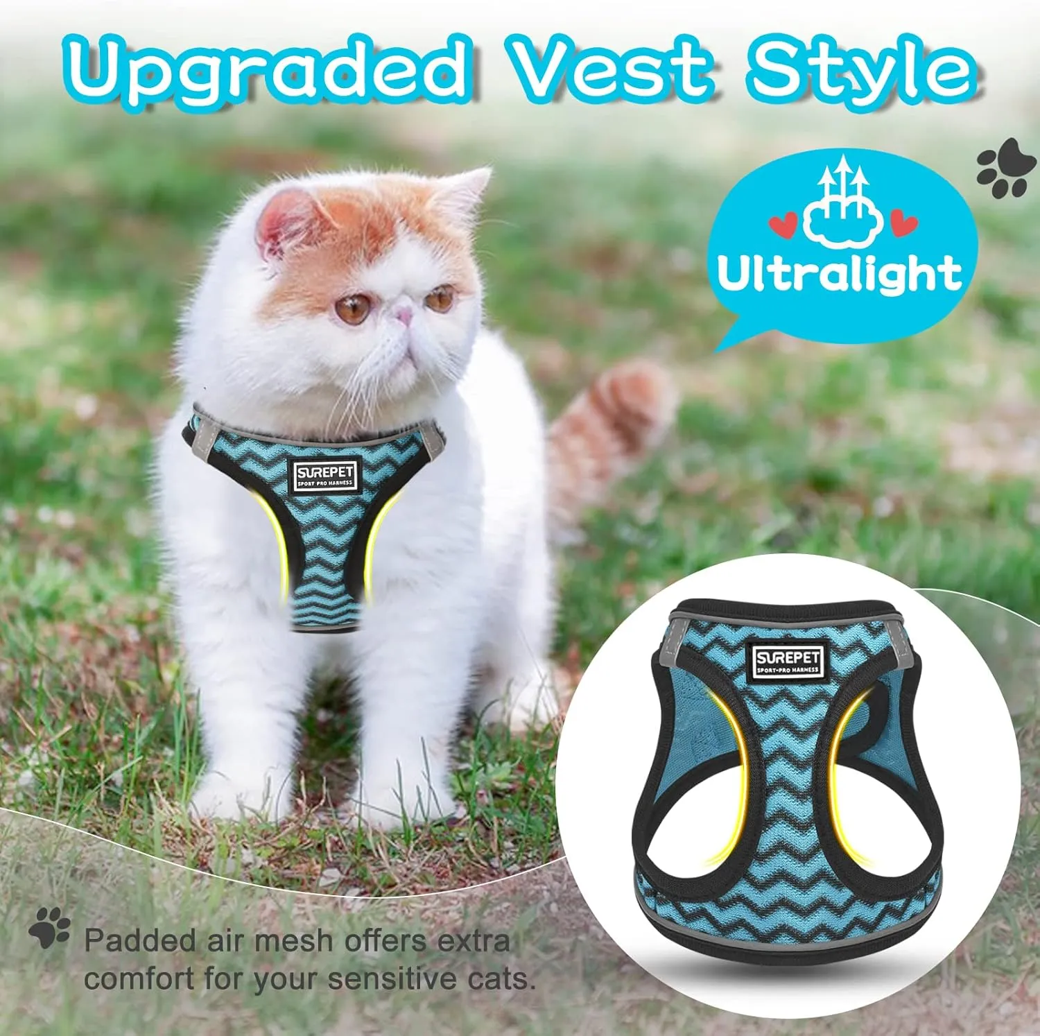 Cat Harness and Leash Escape Proof,Adjustable Soft Mesh Kitten Vest Harness for Walking Reflective Pet Harness for Cat Small Dogs Puppy
