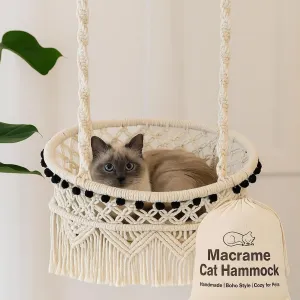 Cat Macrame Hammock for Large Cats,Hanging Cat Bed with Catnip Scratching Mat for Window Perch Wall Mounted Indoor/Outdoor