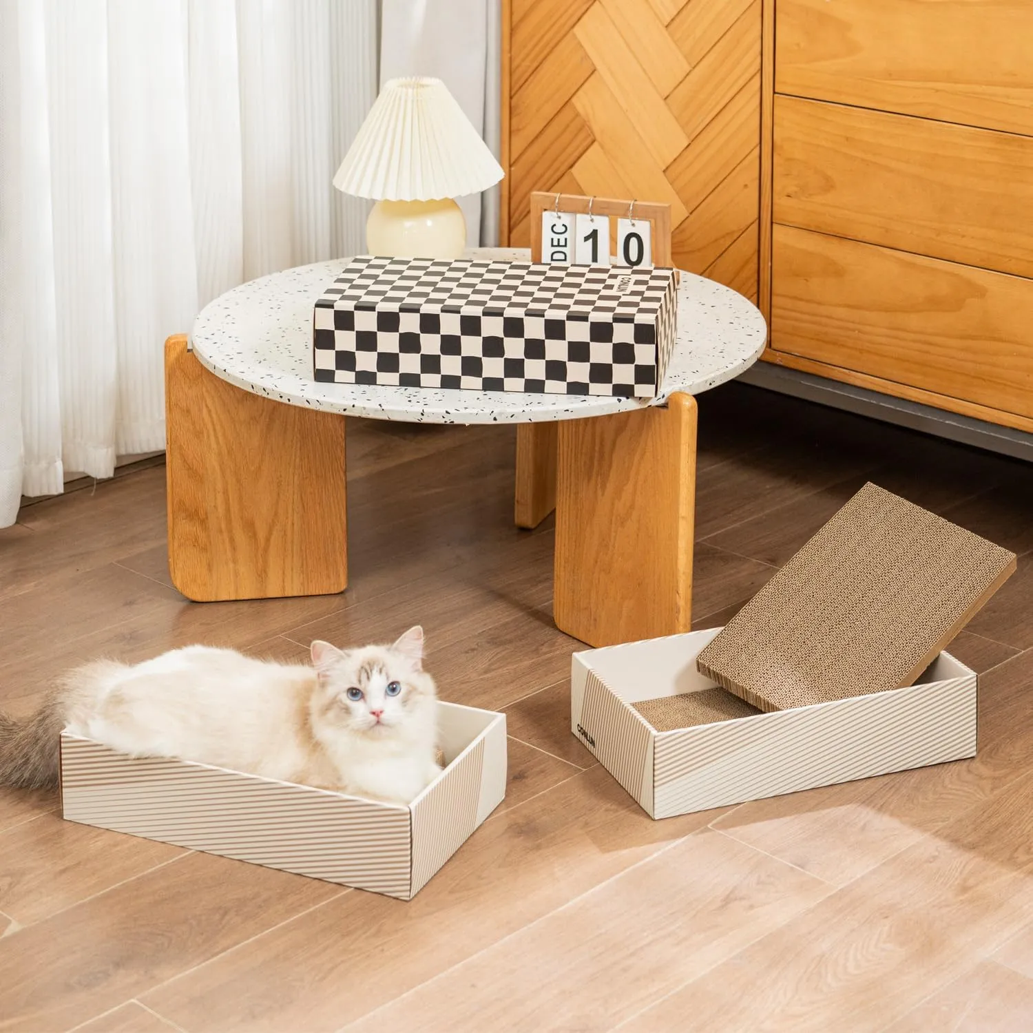 Cat Scratcher Box with 4 Scratching Pads&2 Separate Cardboard Boxes,2-in-1 Cardboard Cat Scratch for Multiple Kitten Interactive Play,Birthdays Holiday Toys Gift,Checkered-Ball Toy