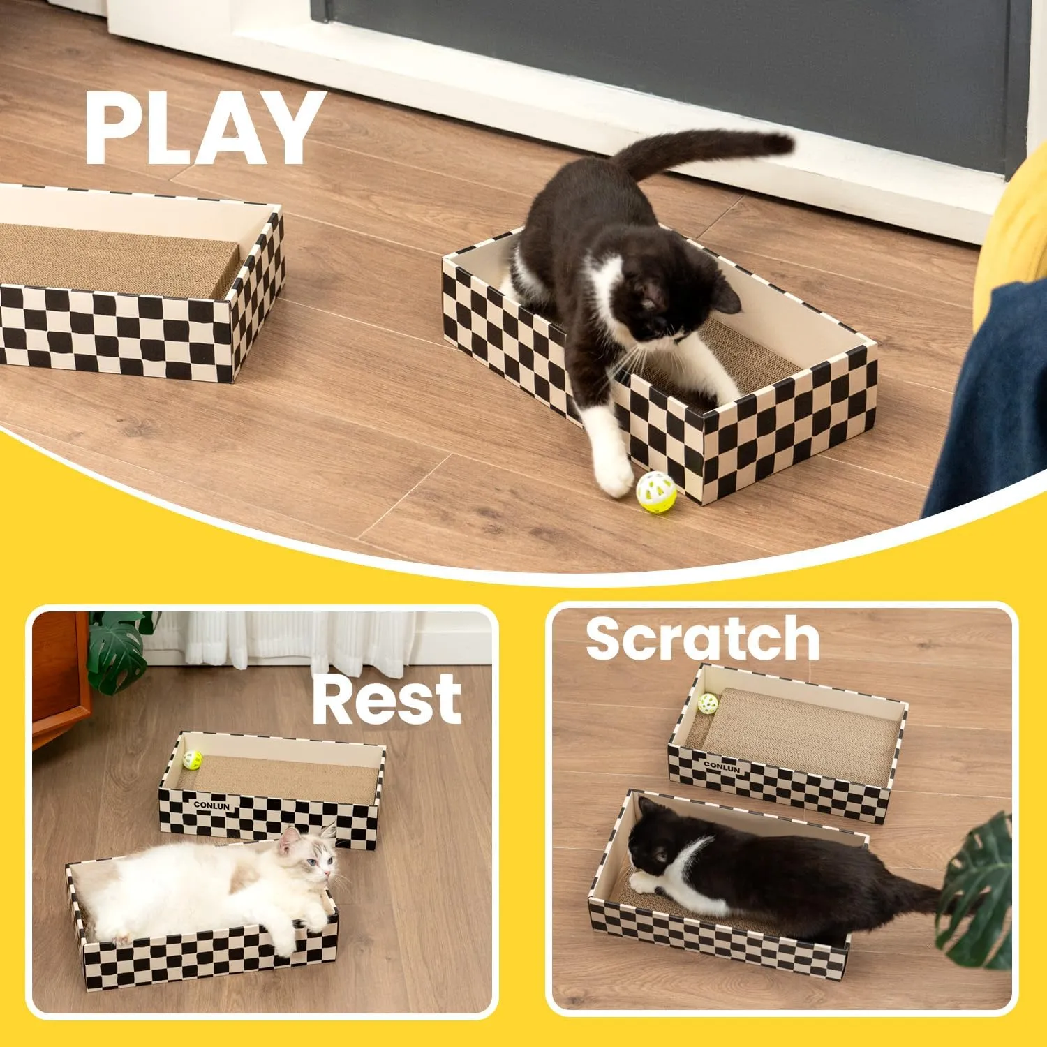 Cat Scratcher Box with 4 Scratching Pads&2 Separate Cardboard Boxes,2-in-1 Cardboard Cat Scratch for Multiple Kitten Interactive Play,Birthdays Holiday Toys Gift,Checkered-Ball Toy