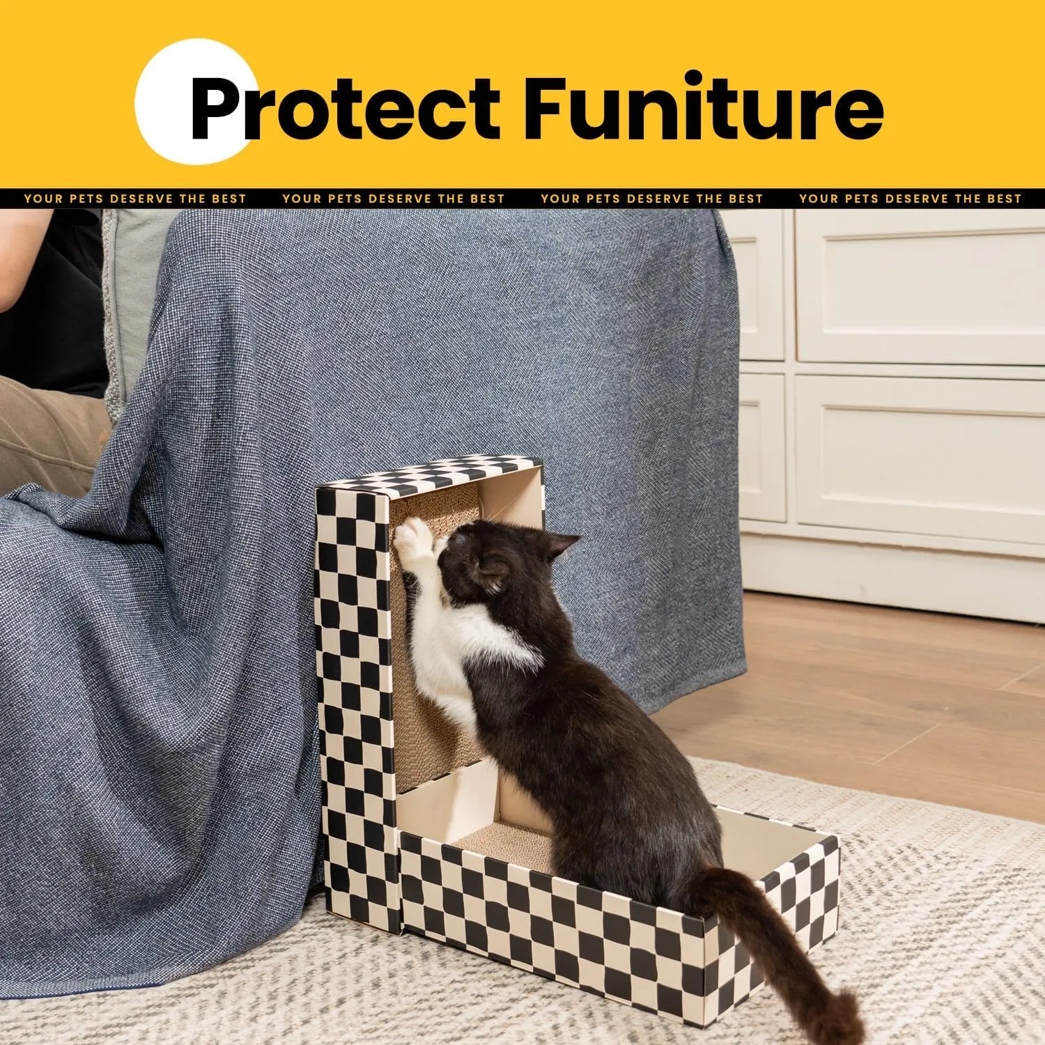 Cat Scratcher Box with 4 Scratching Pads&2 Separate Cardboard Boxes,2-in-1 Cardboard Cat Scratch for Multiple Kitten Interactive Play,Birthdays Holiday Toys Gift,Checkered-Ball Toy