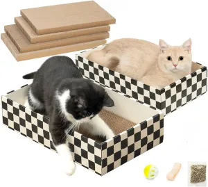 Cat Scratcher Box with 4 Scratching Pads&2 Separate Cardboard Boxes,2-in-1 Cardboard Cat Scratch for Multiple Kitten Interactive Play,Birthdays Holiday Toys Gift,Checkered-Ball Toy