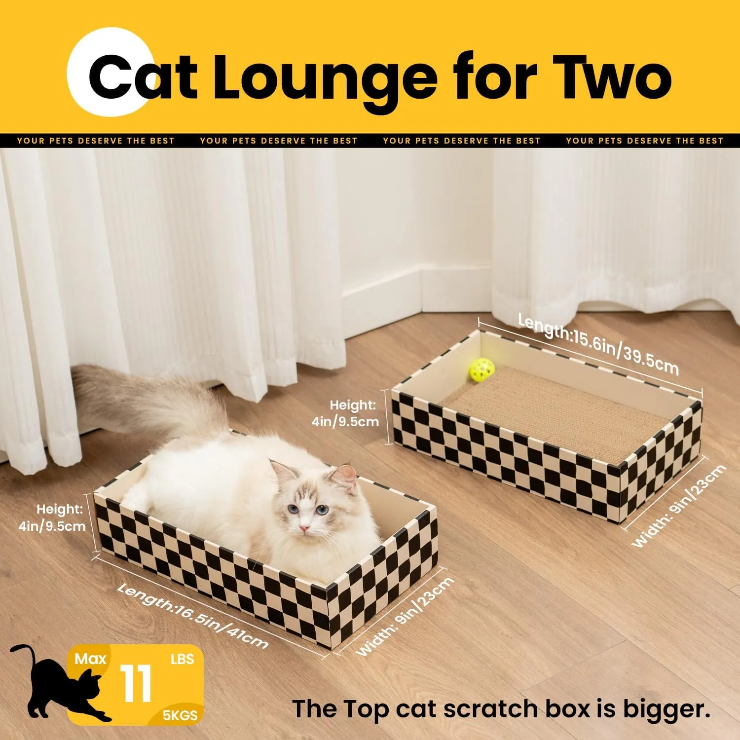 Cat Scratcher Box with 4 Scratching Pads&2 Separate Cardboard Boxes,2-in-1 Cardboard Cat Scratch for Multiple Kitten Interactive Play,Birthdays Holiday Toys Gift,Checkered-Ball Toy
