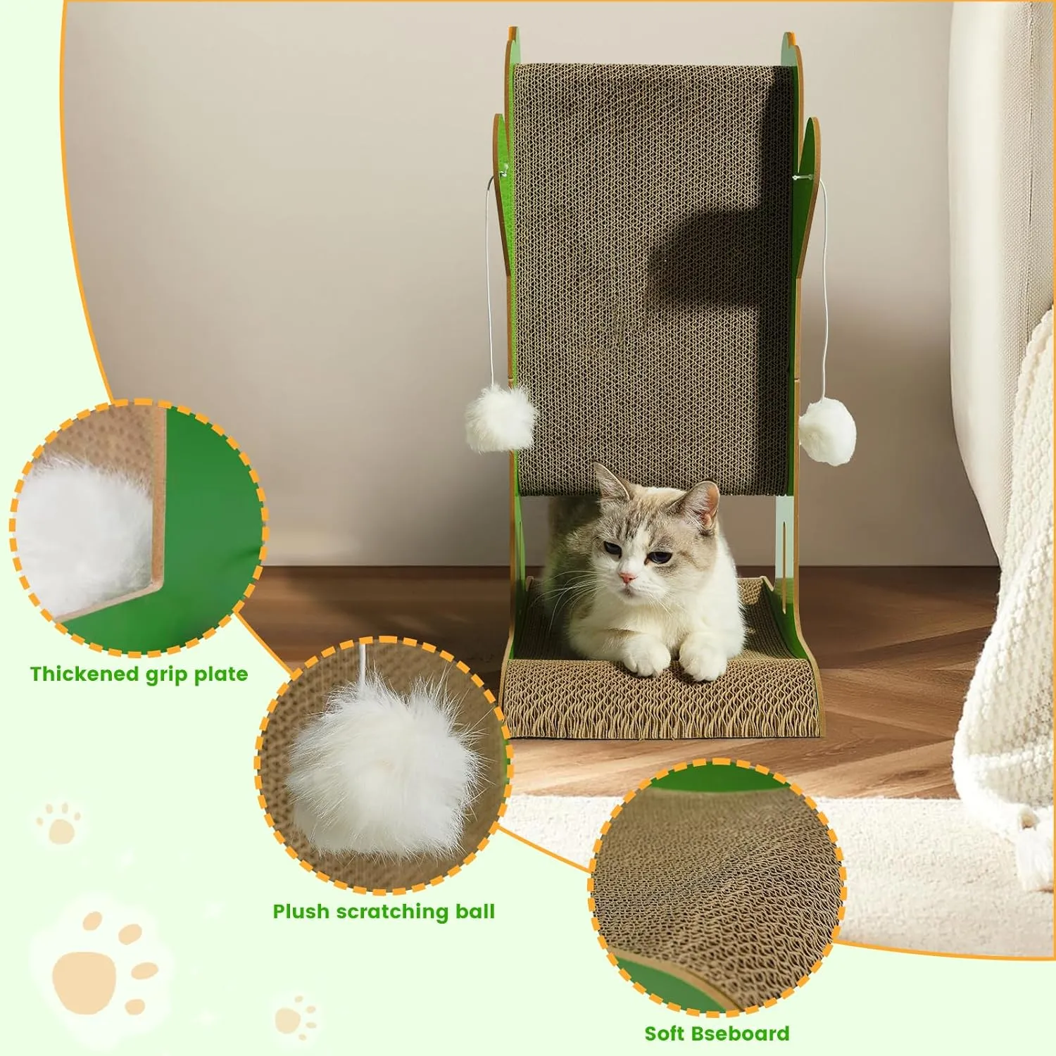 Cat Scratcher, Double-Sided Cat Cardboard Scratcher, T Shaped Vertical Cat Scratcher for Wall and Couch Protection, Cat Scratching Post with 3 Sisal Balls and 2 Plush Ball Toys