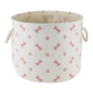 Collapsible Pet Storage Bin, Paw/Bone Print, Rose, Medium Round -12x15x15"