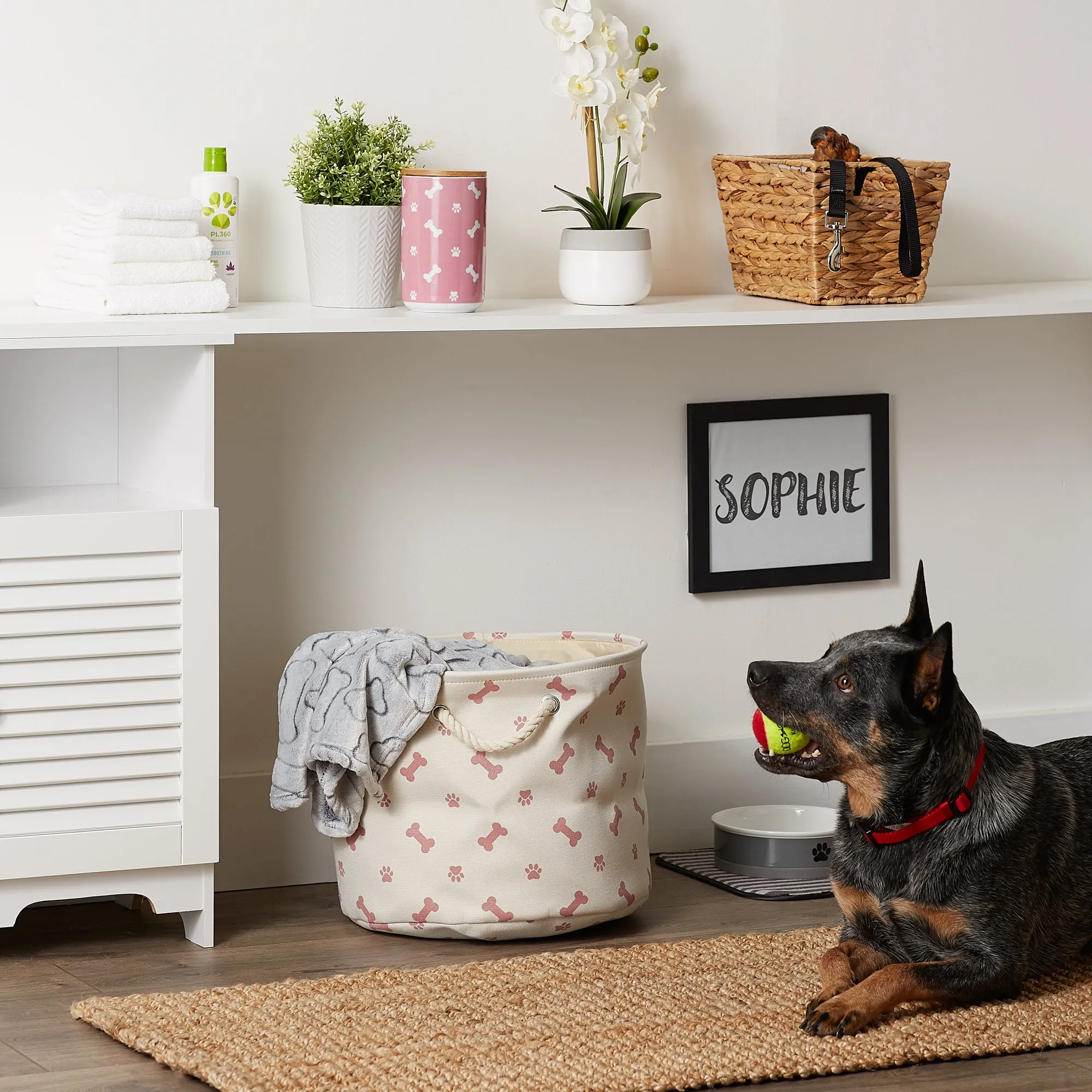 Collapsible Pet Storage Bin, Paw/Bone Print, Rose, Medium Round -12x15x15"