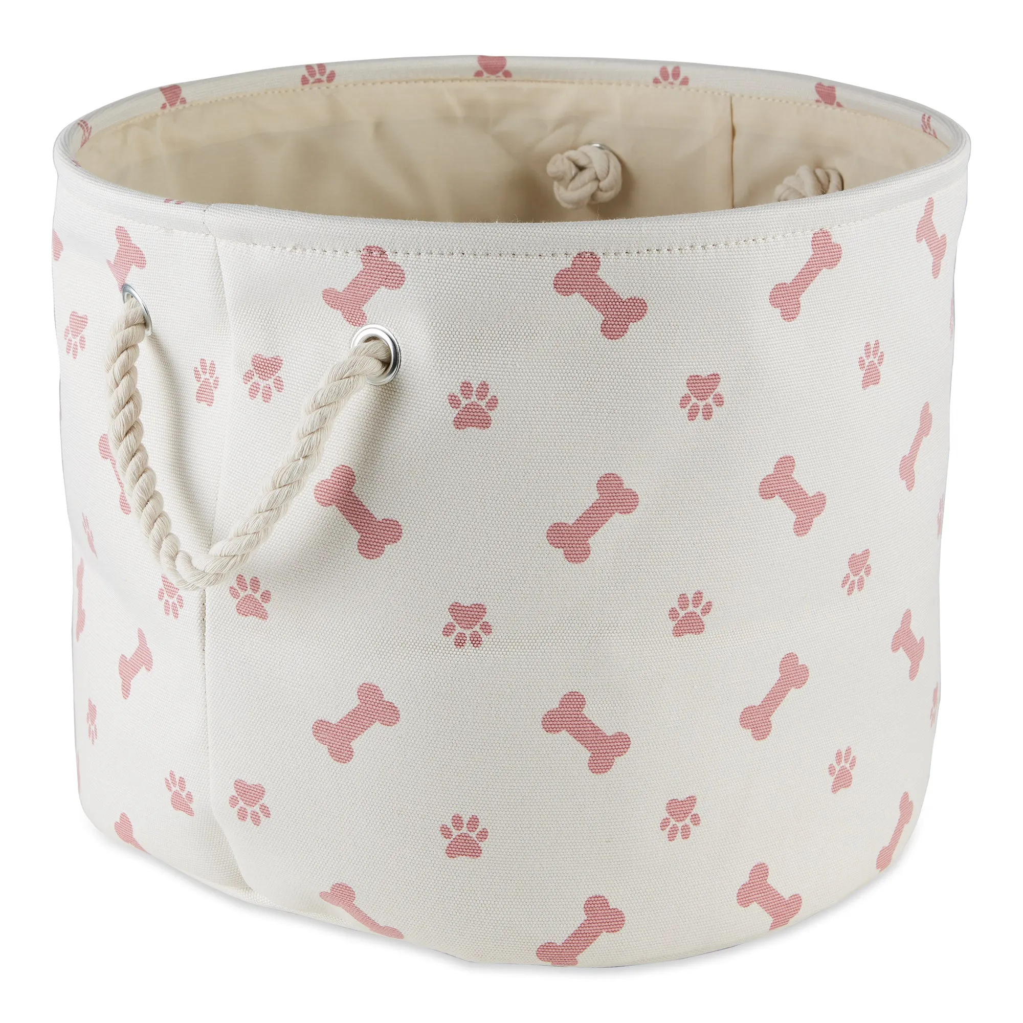 Collapsible Pet Storage Bin, Paw/Bone Print, Rose, Medium Round -12x15x15"