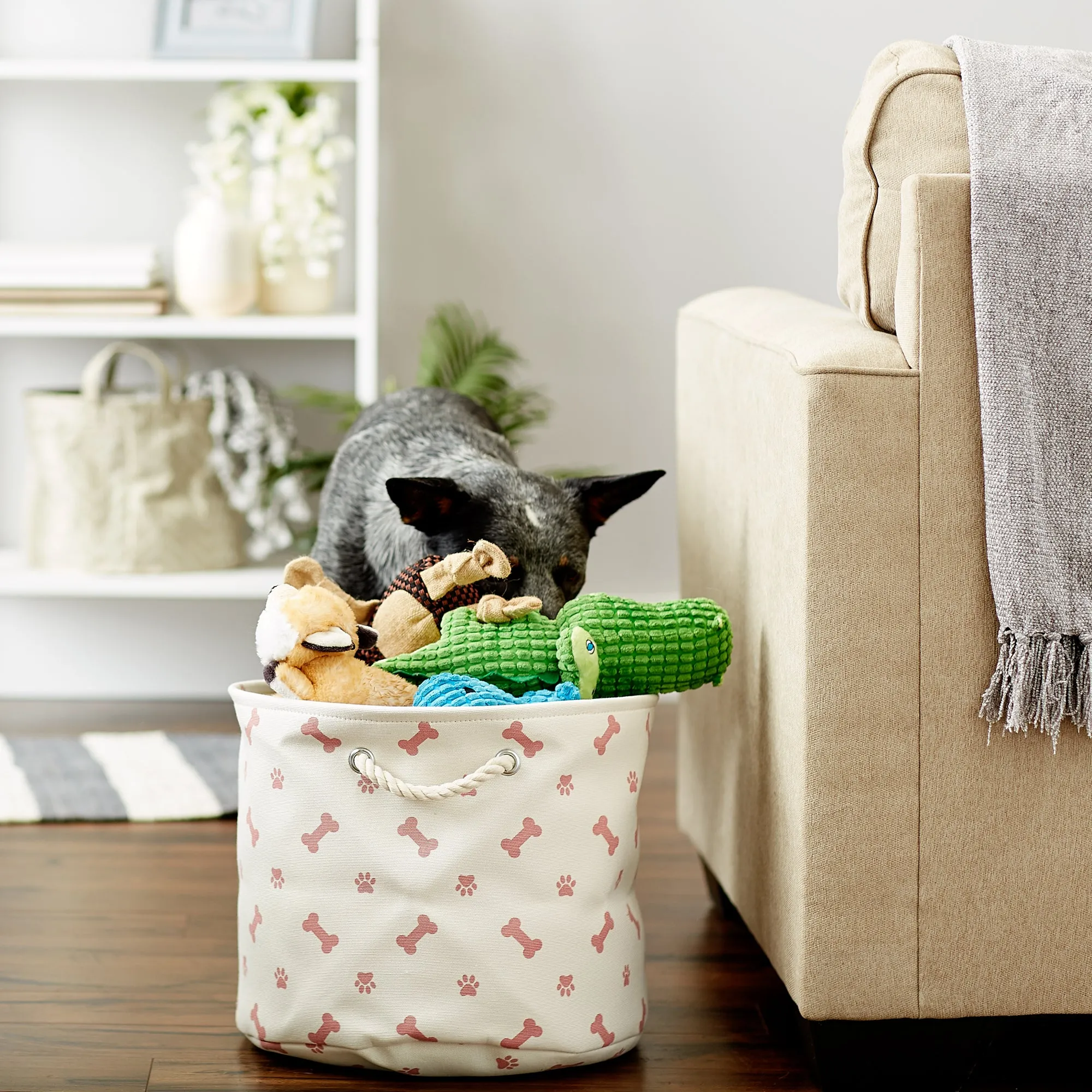 Collapsible Pet Storage Bin, Paw/Bone Print, Rose, Medium Round -12x15x15"