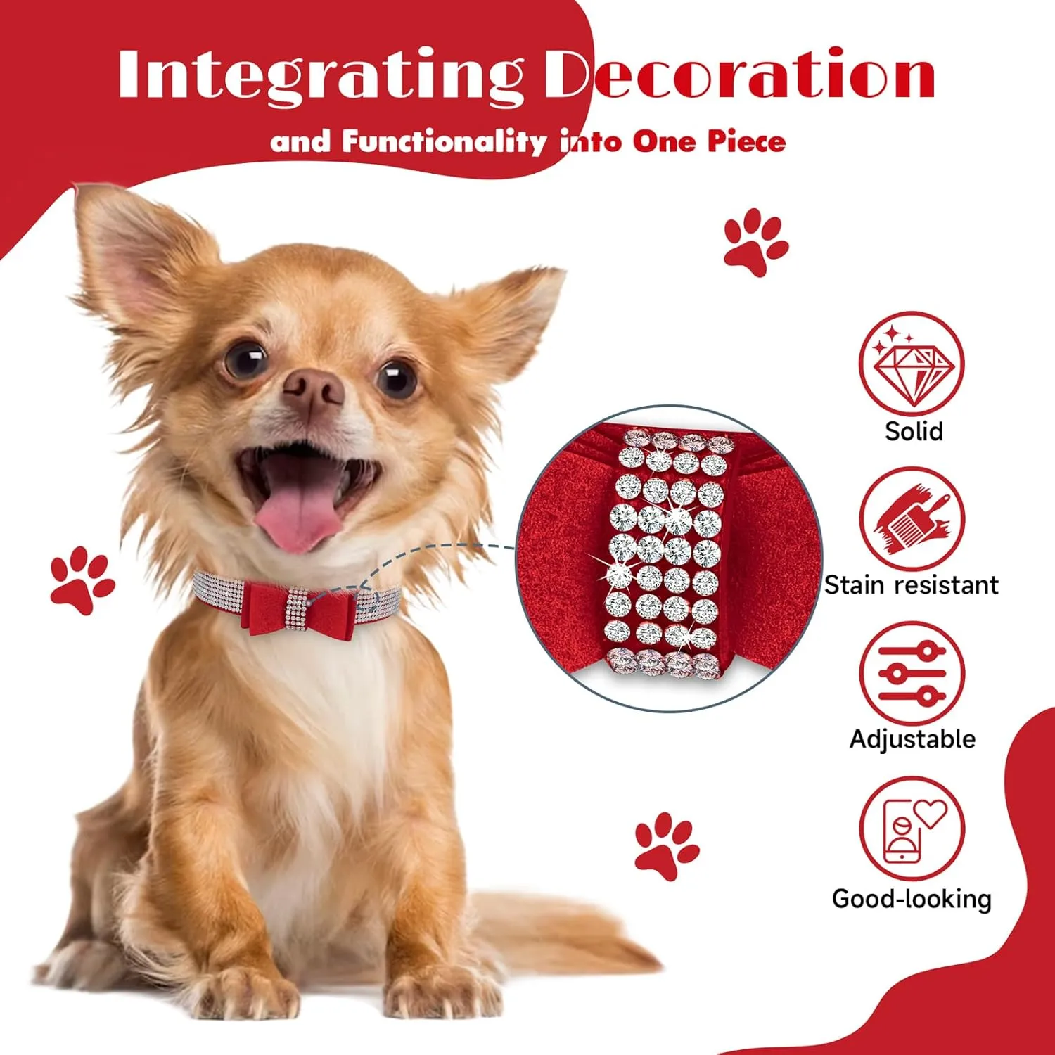Crystal Dog Collar with Bow Tie,Soft Puppy Bling Collar for Extra Small,Small,Medium Dogs(Red,XS)