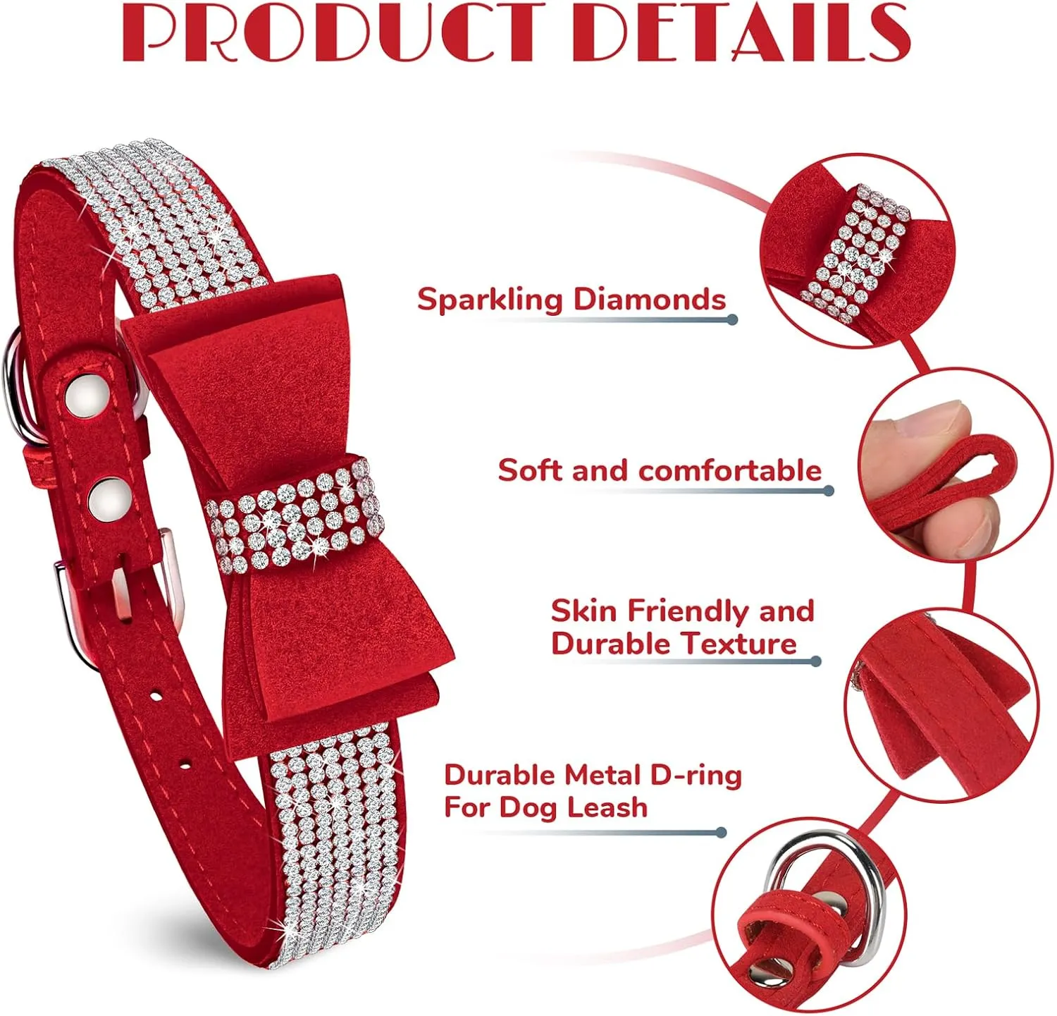 Crystal Dog Collar with Bow Tie,Soft Puppy Bling Collar for Extra Small,Small,Medium Dogs(Red,XS)