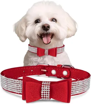 Crystal Dog Collar with Bow Tie,Soft Puppy Bling Collar for Extra Small,Small,Medium Dogs(Red,XS)