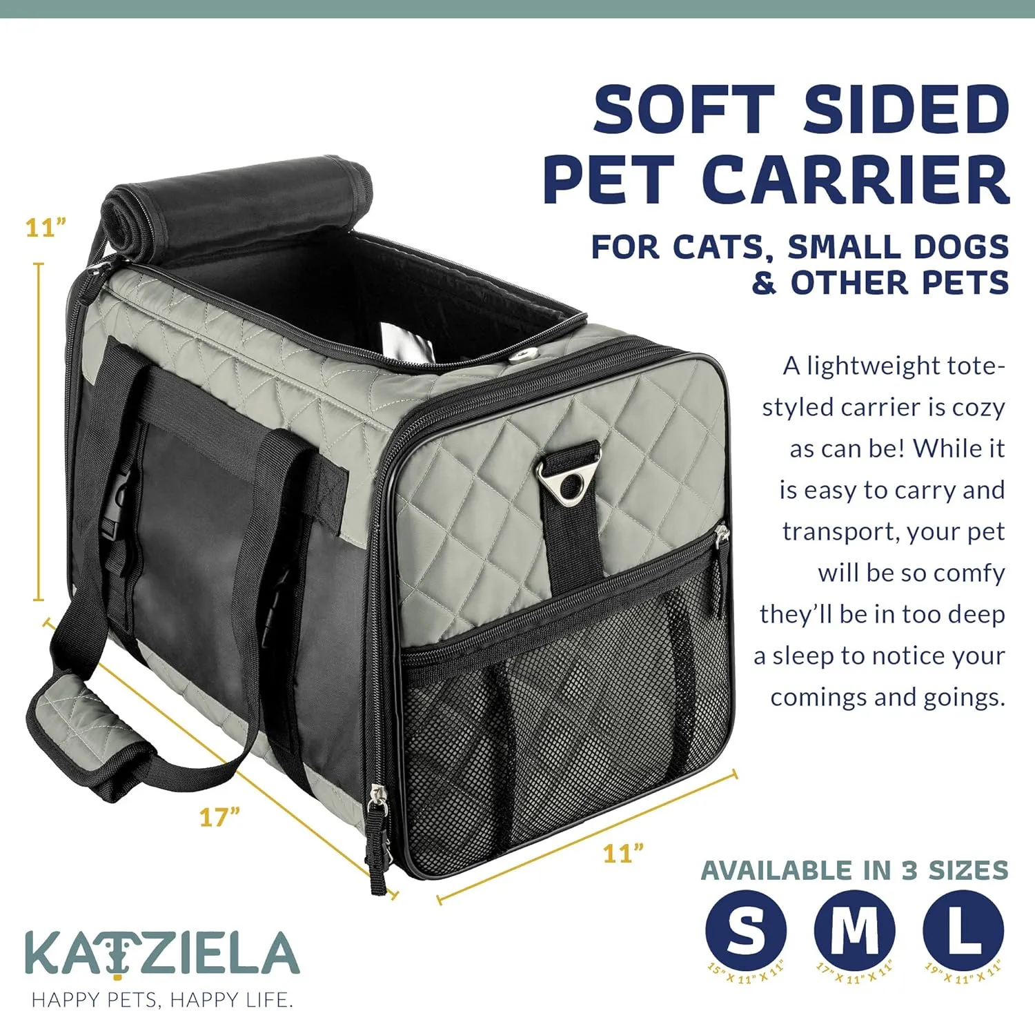 Deluxe Quilted Airline Approved Pet Dog & Cat Carrier for Airplane Travel - by Katziela (Medium, Gray)