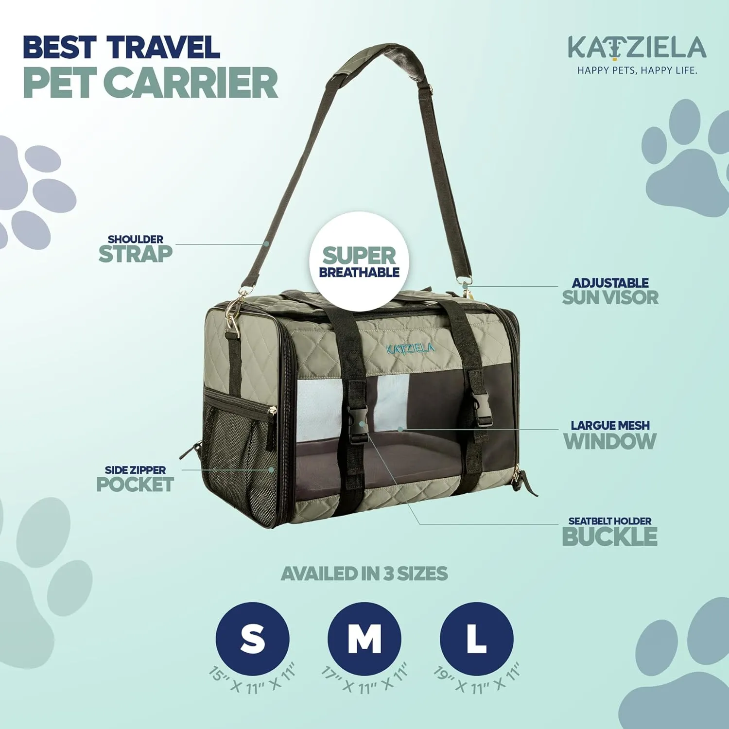 Deluxe Quilted Airline Approved Pet Dog & Cat Carrier for Airplane Travel - by Katziela (Medium, Gray)