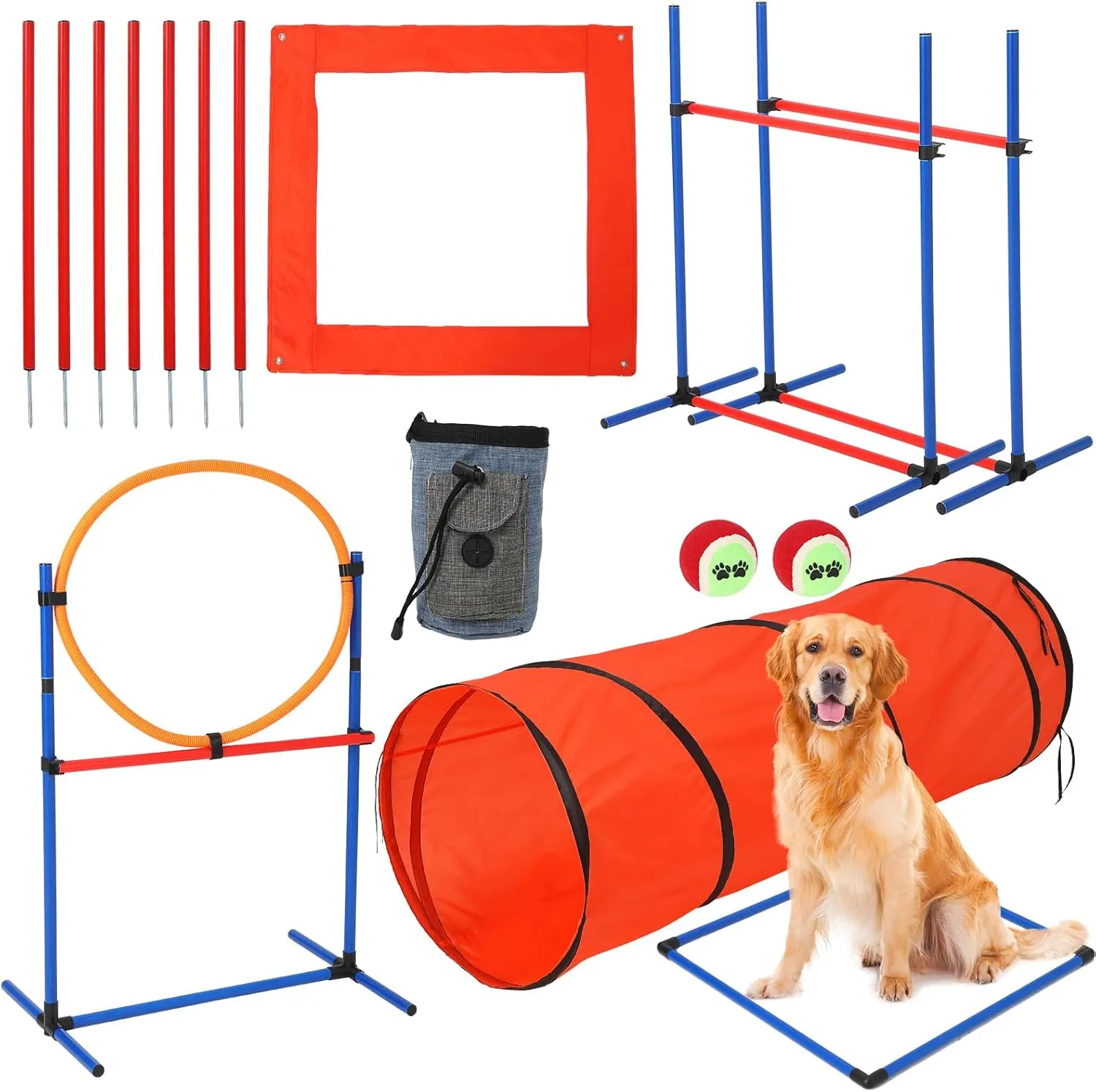 Dog Agile Training Equipment, 87-Piece Dog Obstacle Course Training Starter Kit with Tunnel,Adjustable Dog Hoop,Weave Poles, Jump Ring, Pause Box, Toy Balls and Storage Bag