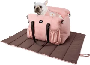 Dog Booster Car Seat for Small Dogs with Heavy Duty Safety Belt and Lock, Waterproof Detachable Dog Travel Bed for Car with Storage Pocket Up to 25lbs, Memory Foam Filling for Max Support,Pink
