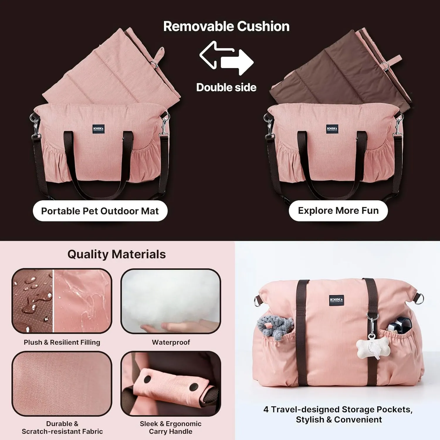 Dog Booster Car Seat for Small Dogs with Heavy Duty Safety Belt and Lock, Waterproof Detachable Dog Travel Bed for Car with Storage Pocket Up to 25lbs, Memory Foam Filling for Max Support,Pink