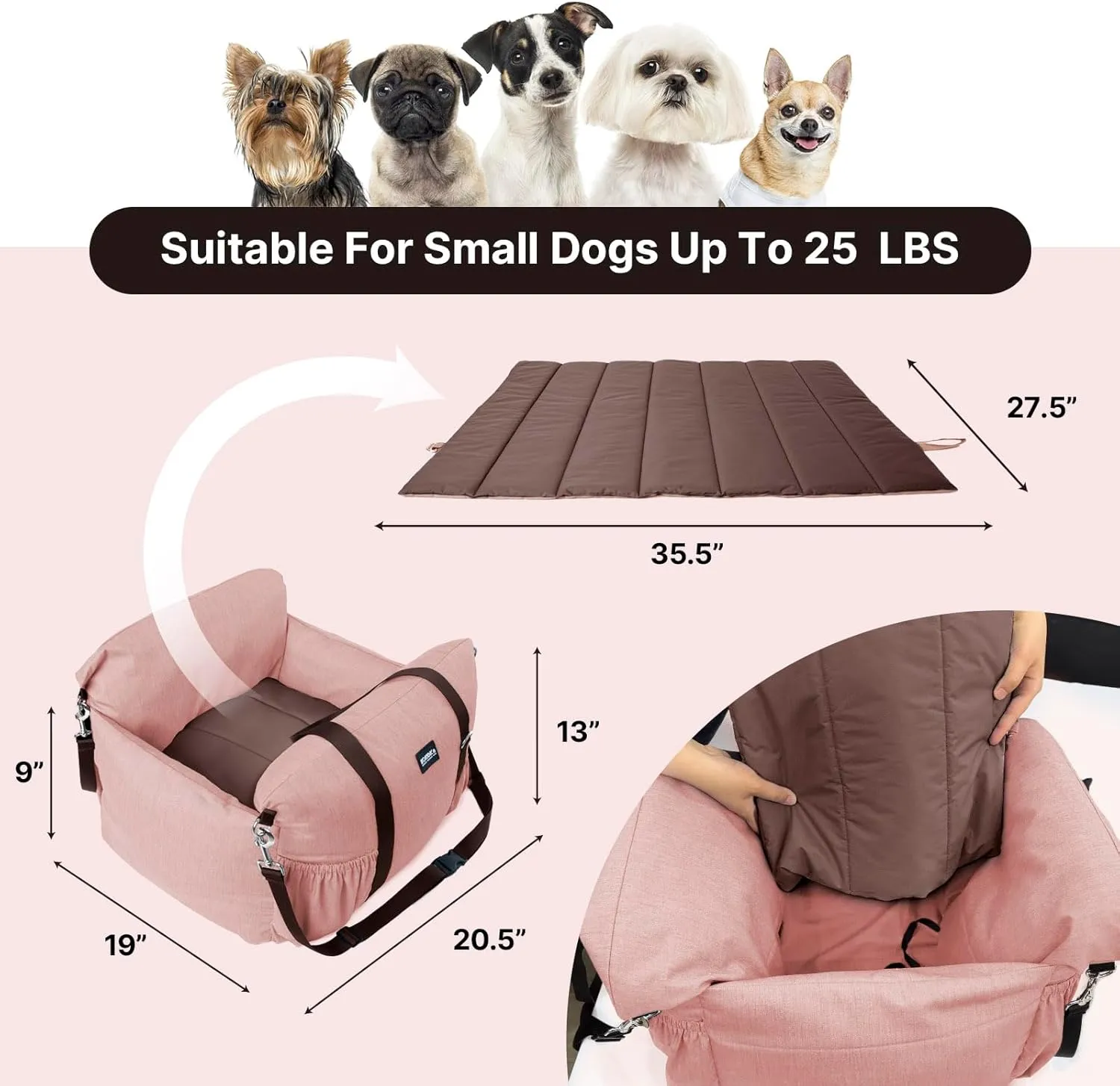 Dog Booster Car Seat for Small Dogs with Heavy Duty Safety Belt and Lock, Waterproof Detachable Dog Travel Bed for Car with Storage Pocket Up to 25lbs, Memory Foam Filling for Max Support,Pink