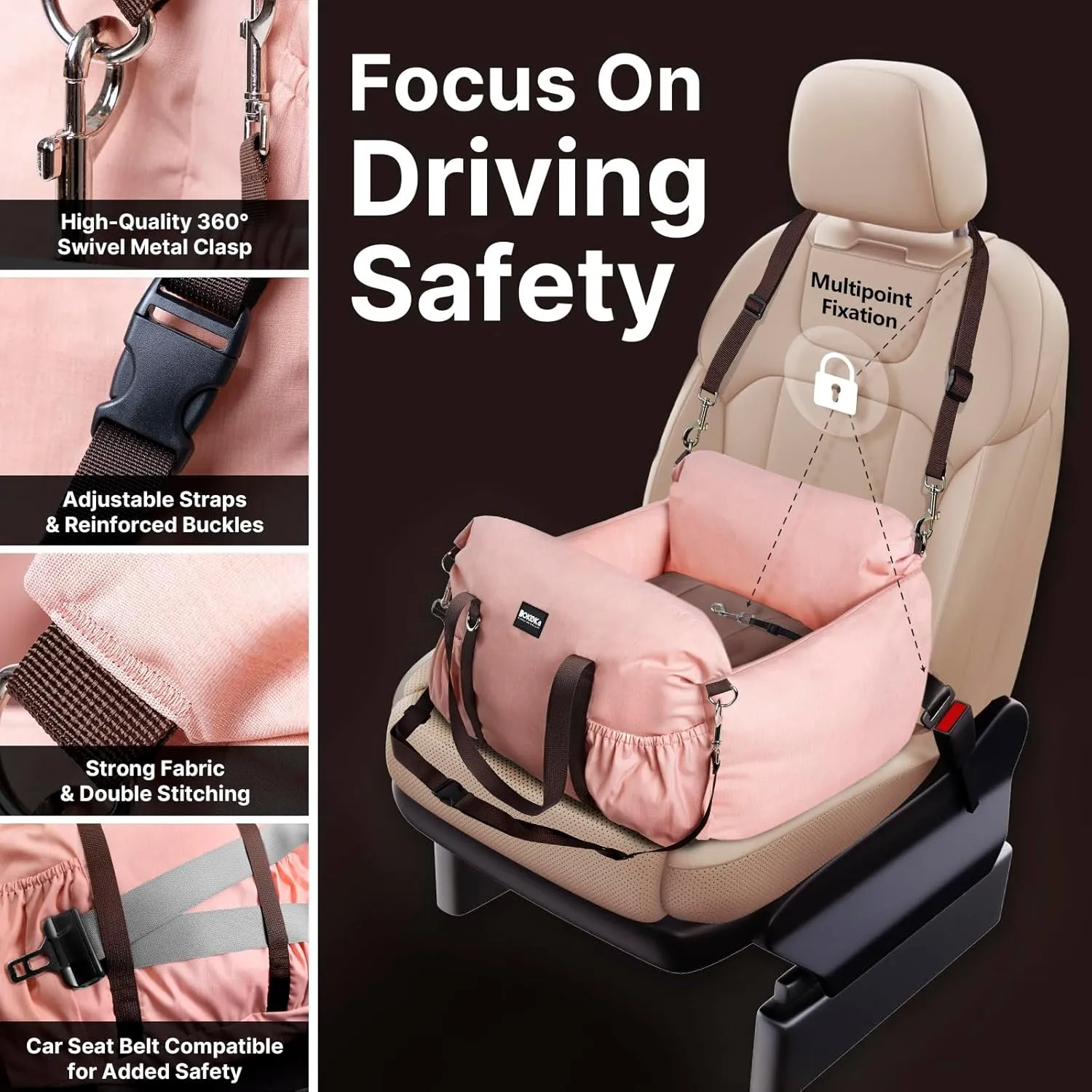 Dog Booster Car Seat for Small Dogs with Heavy Duty Safety Belt and Lock, Waterproof Detachable Dog Travel Bed for Car with Storage Pocket Up to 25lbs, Memory Foam Filling for Max Support,Pink