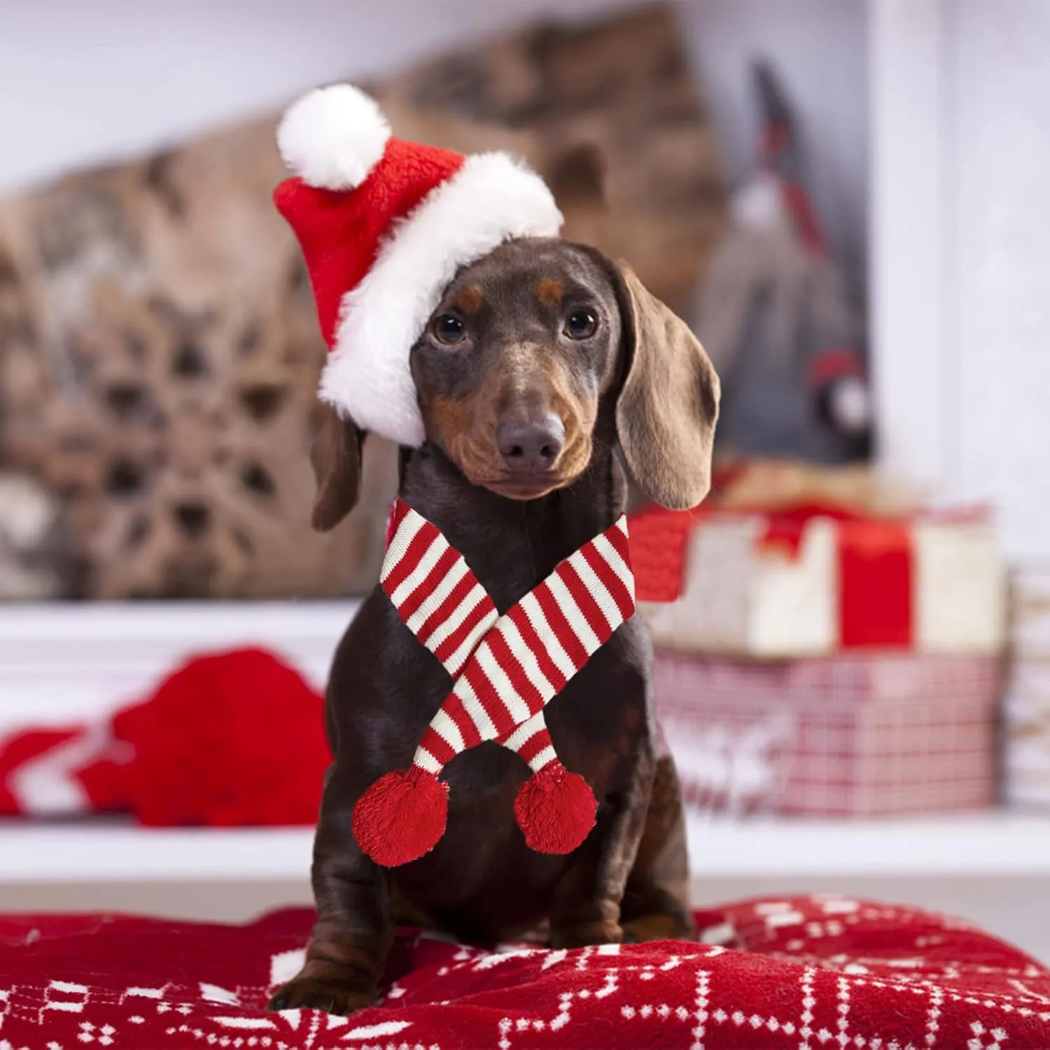 Dog Christmas Scarf Pet Puppy Xmas Knitted Costume Winter Warm Bandanas Neckerchief Cat Neck Warmer Apparel for Holiday Festive (Large, Red White Stripes)