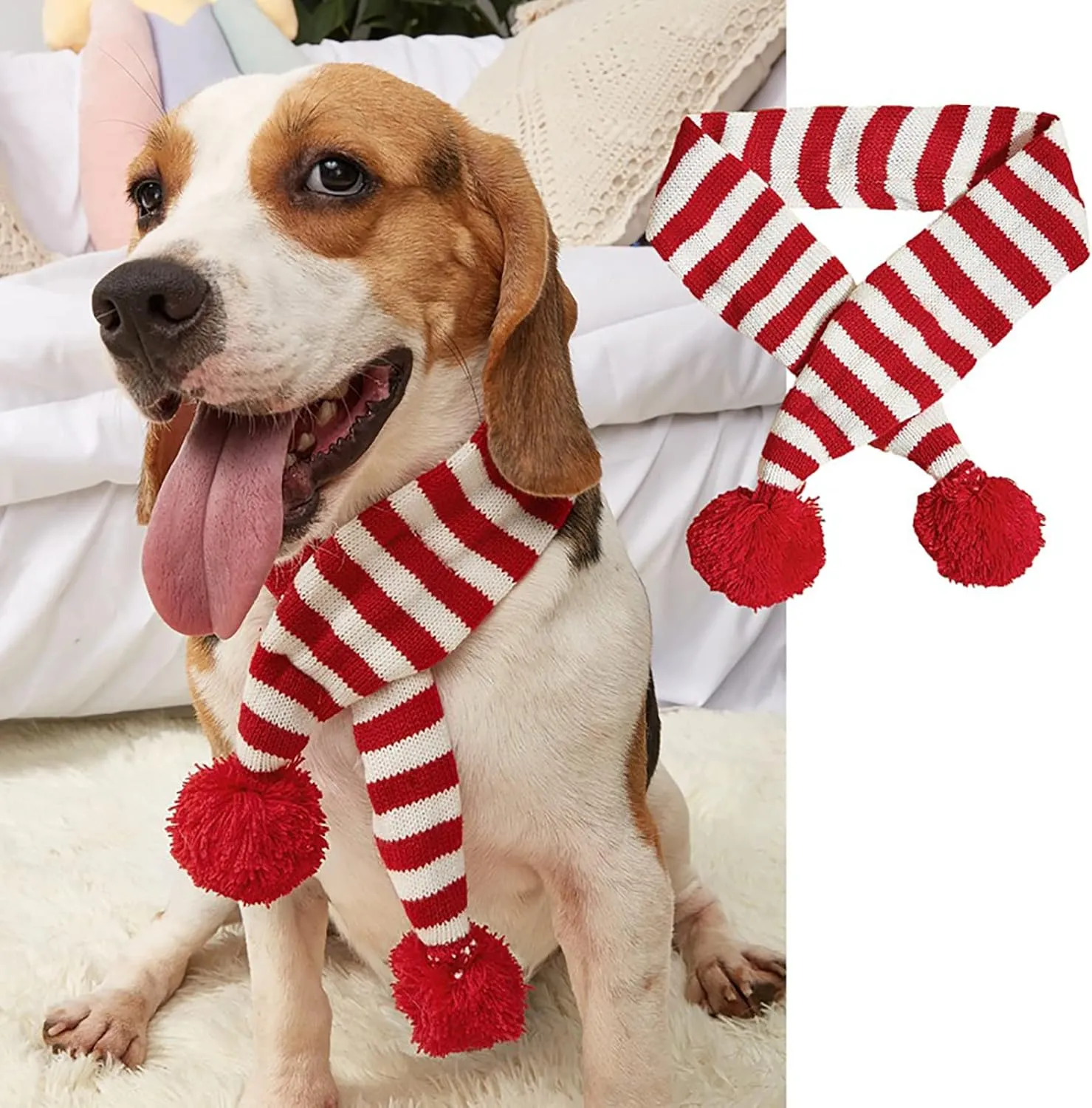 Dog Christmas Scarf Pet Puppy Xmas Knitted Costume Winter Warm Bandanas Neckerchief Cat Neck Warmer Apparel for Holiday Festive (Large, Red White Stripes)