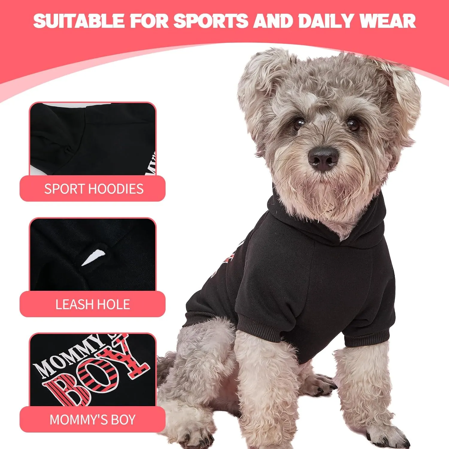 Dog Hoodie Winter Pet Costumes: Mommy's BOY Lettered Printed Puppy Soft Sweatshirt with Leash Hole, Winter Fleece Dog Hooded Clothes Pet Cat Warm Outfits (Black, X-Small)
