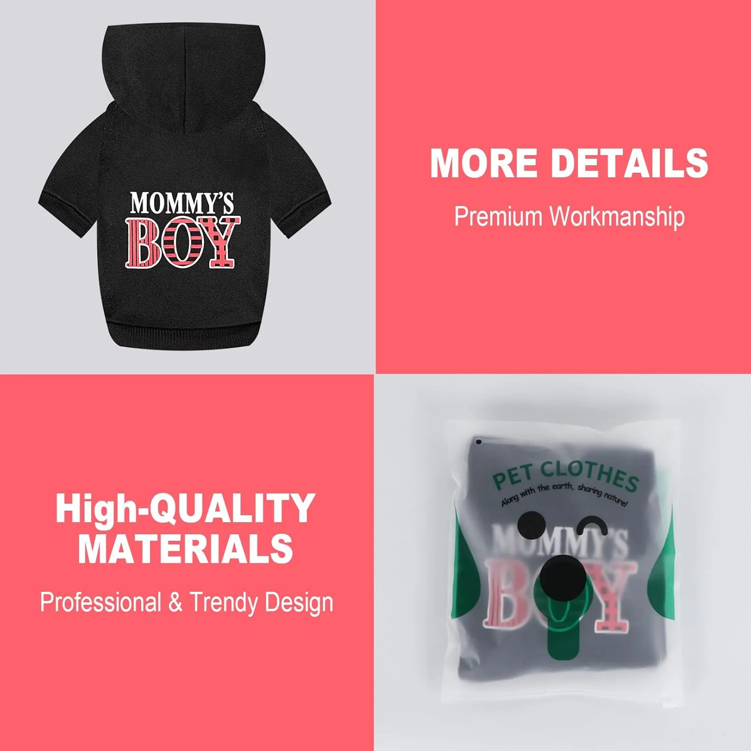 Dog Hoodie Winter Pet Costumes: Mommy's BOY Lettered Printed Puppy Soft Sweatshirt with Leash Hole, Winter Fleece Dog Hooded Clothes Pet Cat Warm Outfits (Black, X-Small)