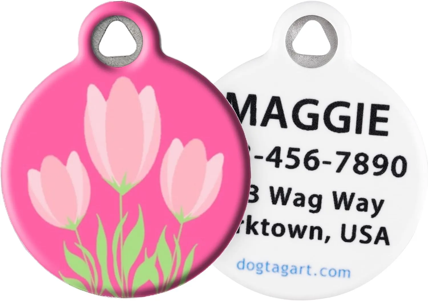 Dog Tag Art Pink Tulips Personalized Pet ID Tag for Dogs and Cats, Silent Polymer Coated Stainless Steel Nametag with Customized Identification Information, Small .875" Diameter