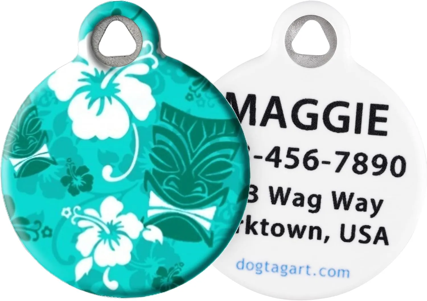 Dog Tag Art Turquoise Tiki Personalized Pet ID Tag for Dogs and Cats, Silent Polymer Coated Stainless Steel Nametag with Customized Identification Information - Large 1.25" Diameter