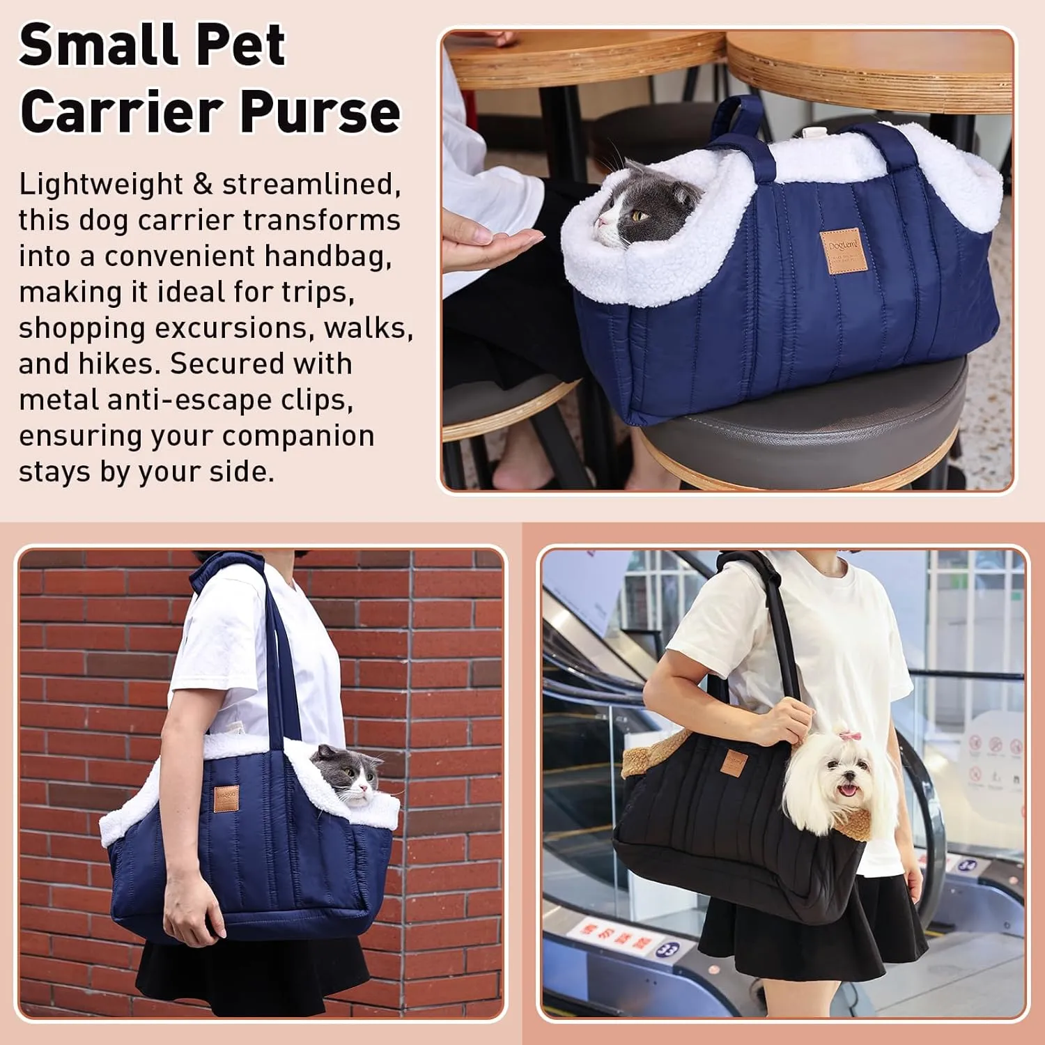 ETIAL Small Dog Carrier Purse, Winter Fleece Warm Dog Tote Bag Carrier with Secure Harness Clip for Puppy Kitten, Waterproof Pet Travel Handbag for Shopping, Hiking and Walking (Grey)