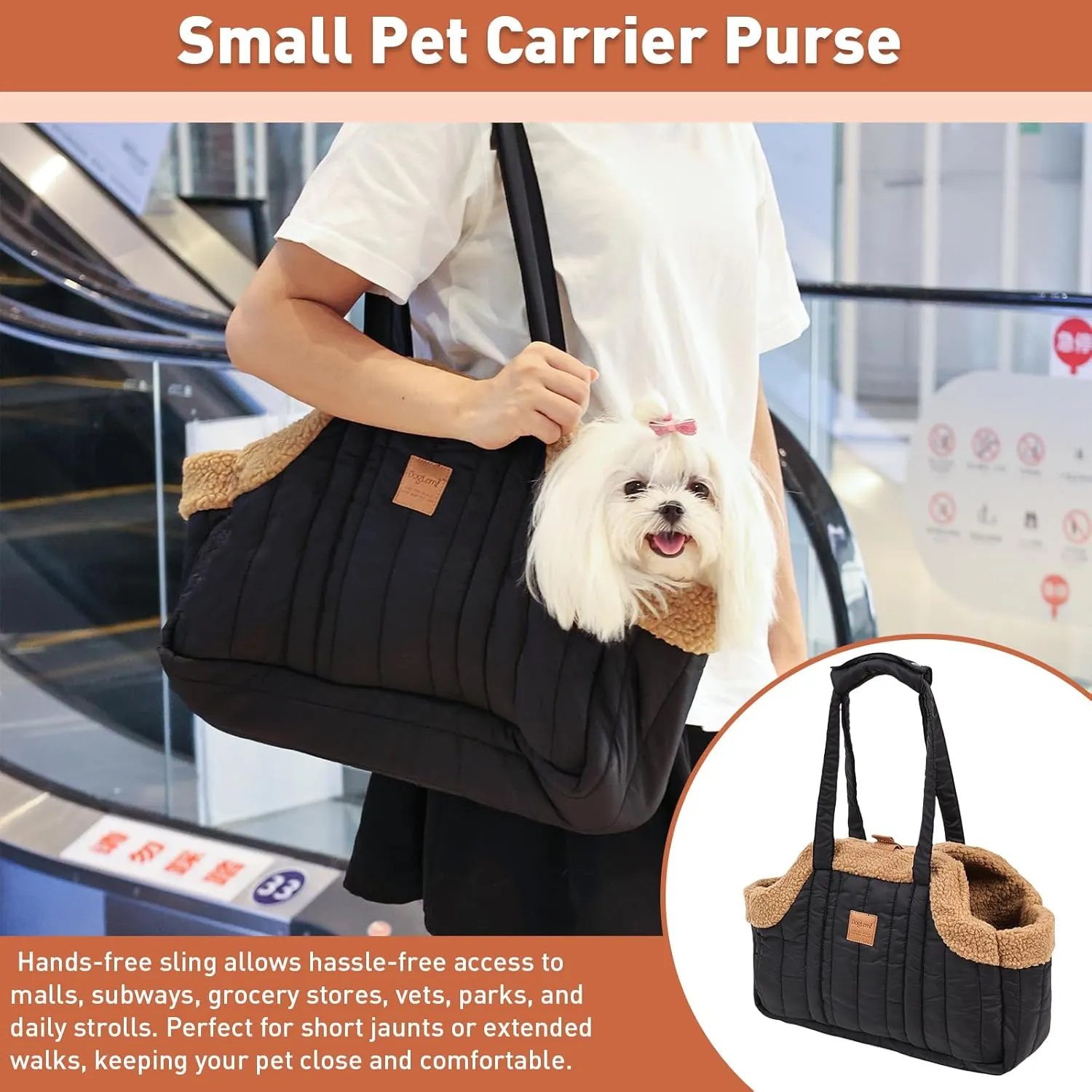 ETIAL Small Dog Carrier Purse, Winter Fleece Warm Dog Tote Bag Carrier with Secure Harness Clip for Puppy Kitten, Waterproof Pet Travel Handbag for Shopping, Hiking and Walking (Grey)