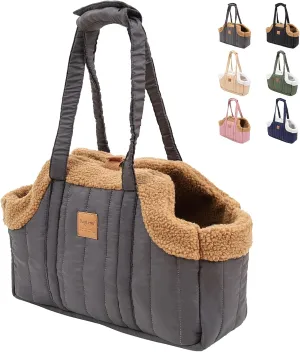 ETIAL Small Dog Carrier Purse, Winter Fleece Warm Dog Tote Bag Carrier with Secure Harness Clip for Puppy Kitten, Waterproof Pet Travel Handbag for Shopping, Hiking and Walking (Grey)