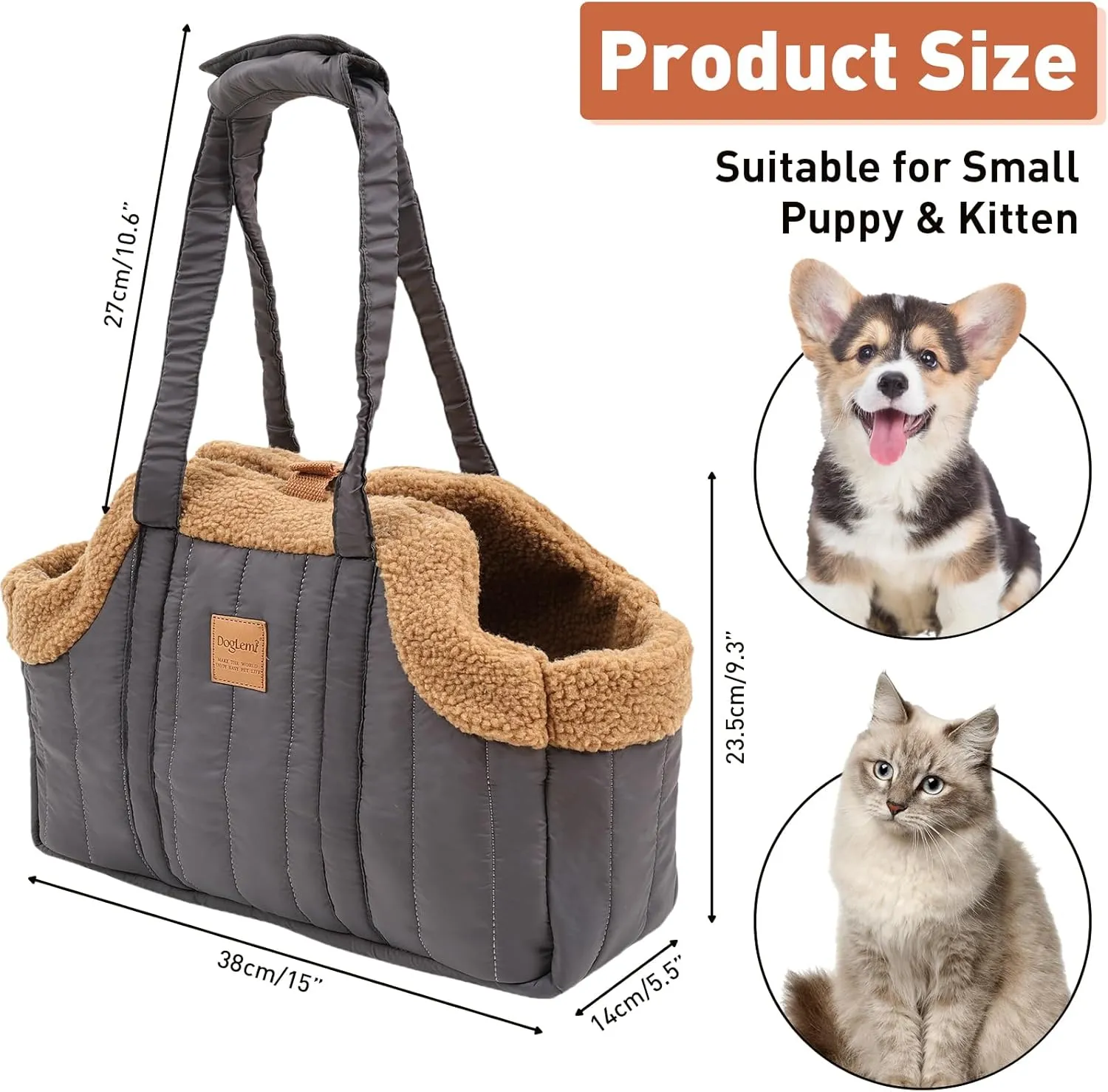 ETIAL Small Dog Carrier Purse, Winter Fleece Warm Dog Tote Bag Carrier with Secure Harness Clip for Puppy Kitten, Waterproof Pet Travel Handbag for Shopping, Hiking and Walking (Grey)